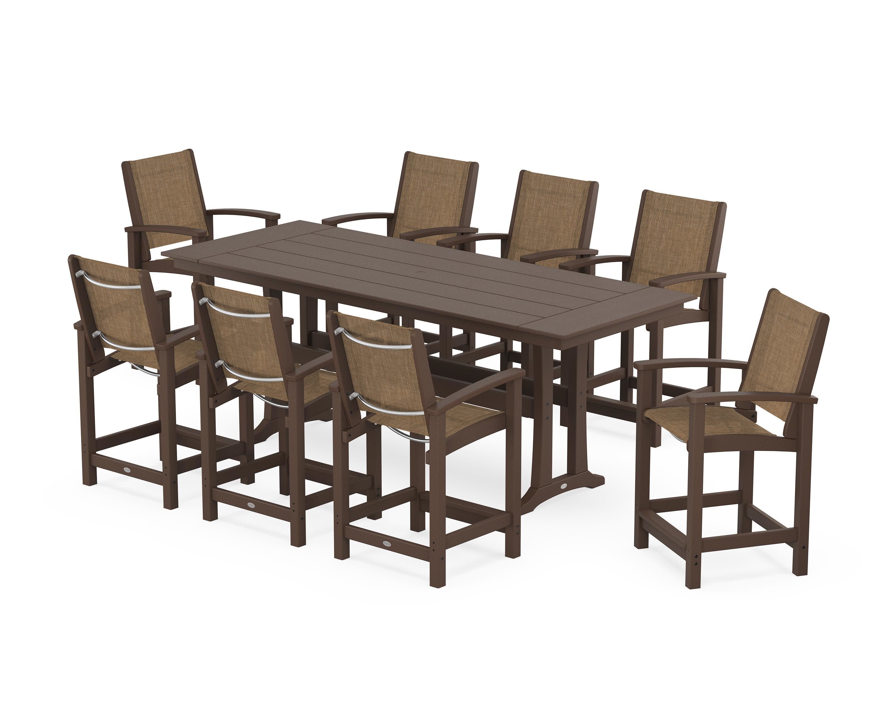 Coastal 9-Piece Farmhouse Counter Set with Trestle Legs in Mahogany / Burlap Sling