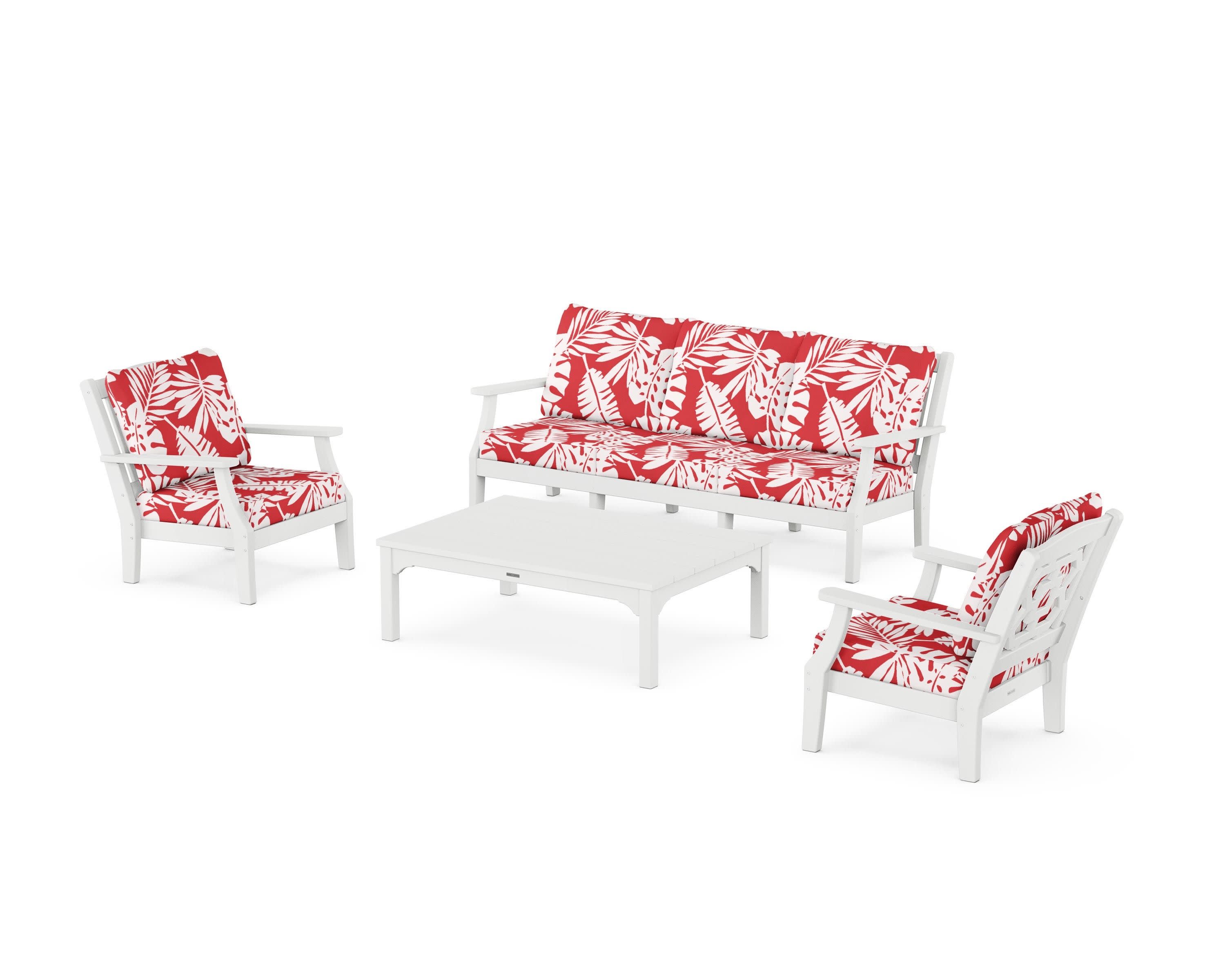 Chinoiserie 4-Piece Deep Seating Set with Sofa in White / Leaf Crimson