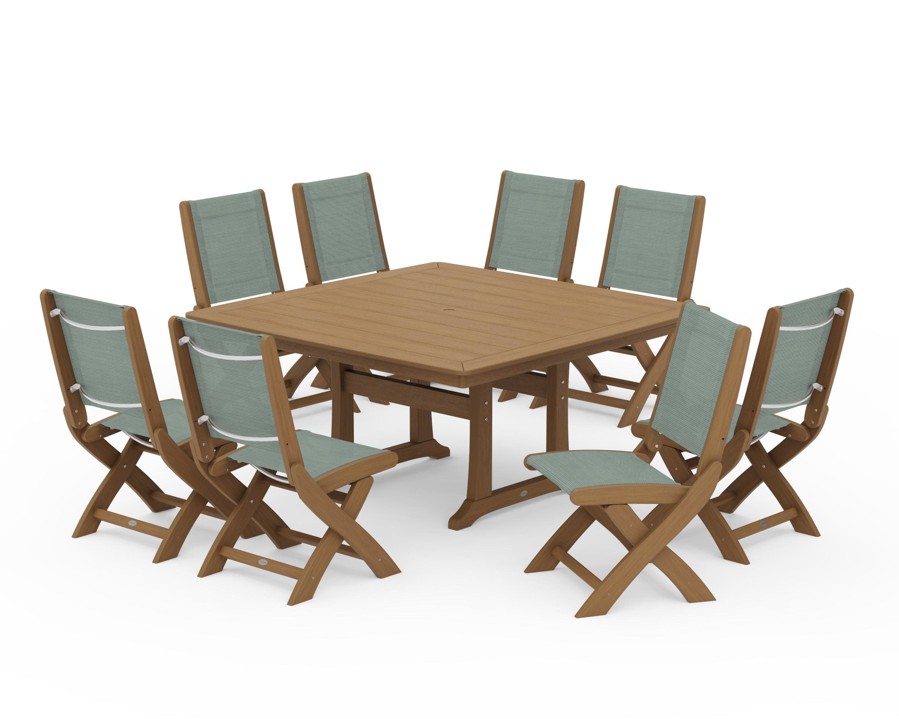 Coastal Folding Side Chair 9-Piece Dining Set with Trestle Legs in Natural / Dupioni Sea Mist Sling