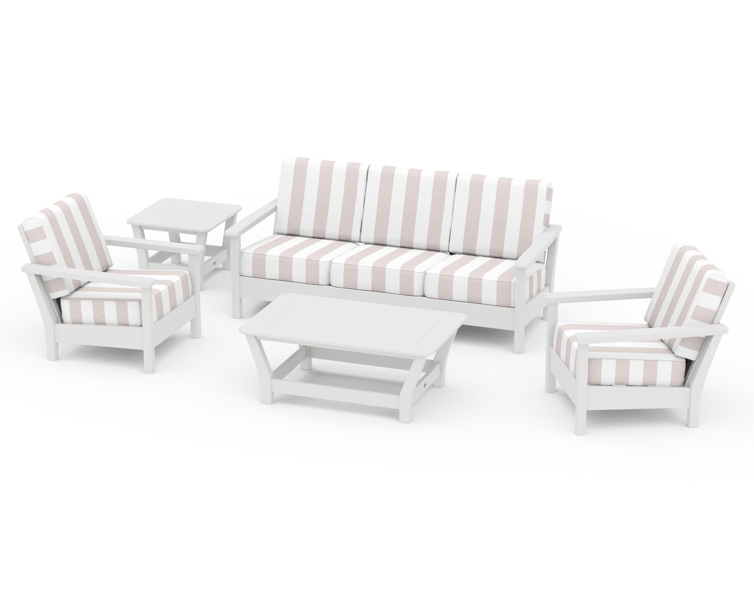 Harbour 5-Piece Deep Seating Set in White / Cabana Stripe Dune Burlap