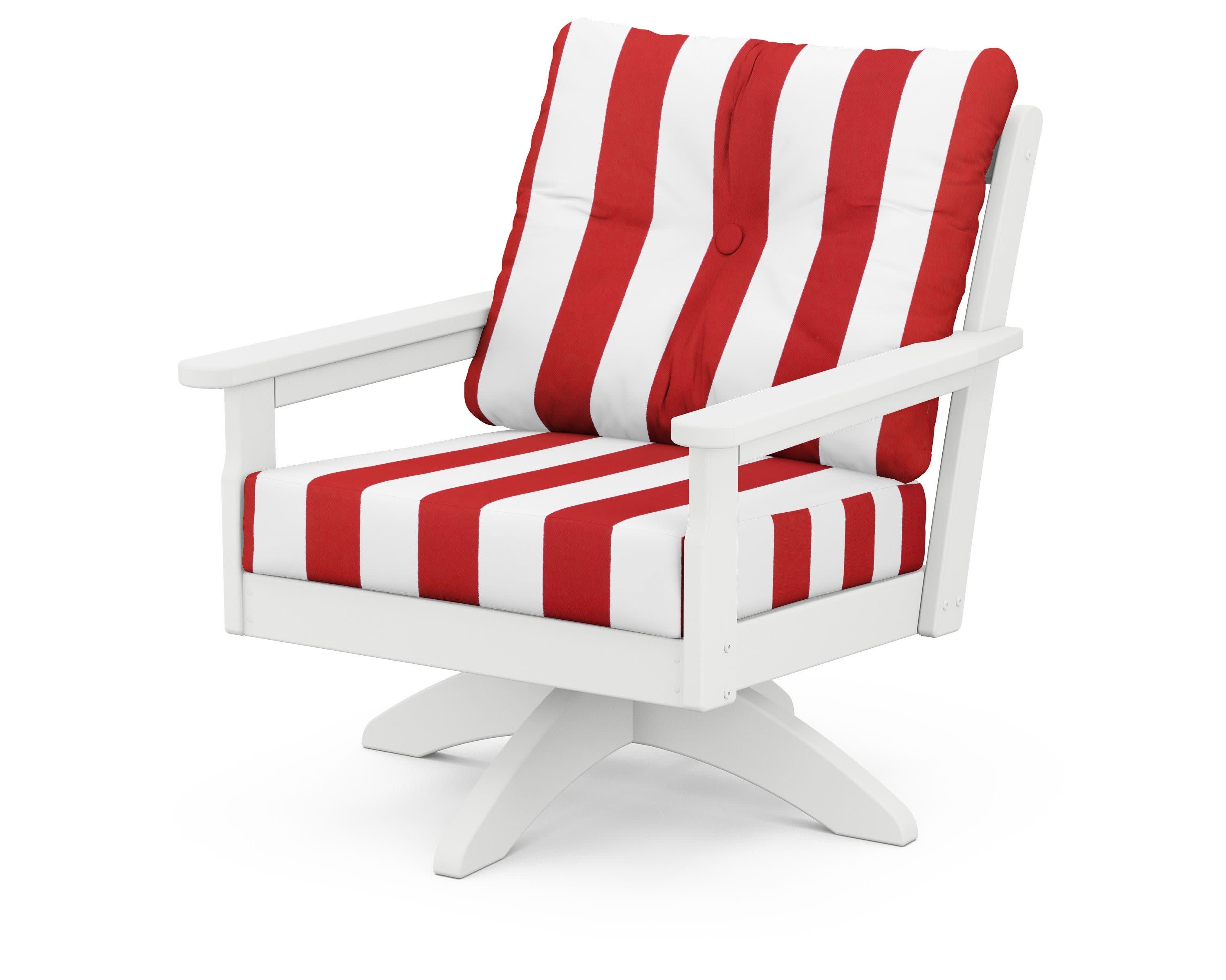 Vineyard Deep Seating Swivel Chair in White / Cabana Stripe Crimson