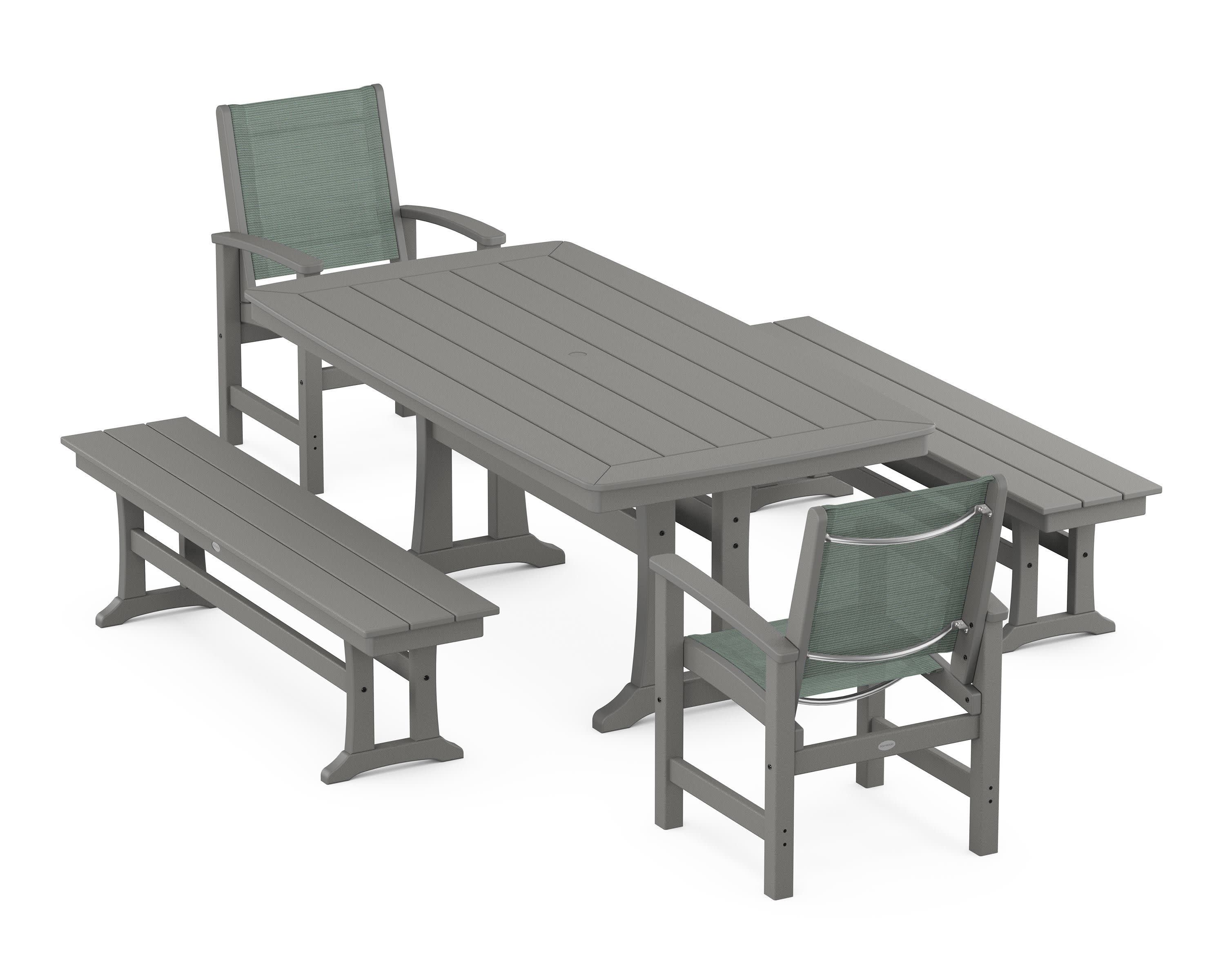 Coastal 5-Piece Dining Set with Trestle Legs and Benches in Slate Grey / Dupioni Sea Mist Sling