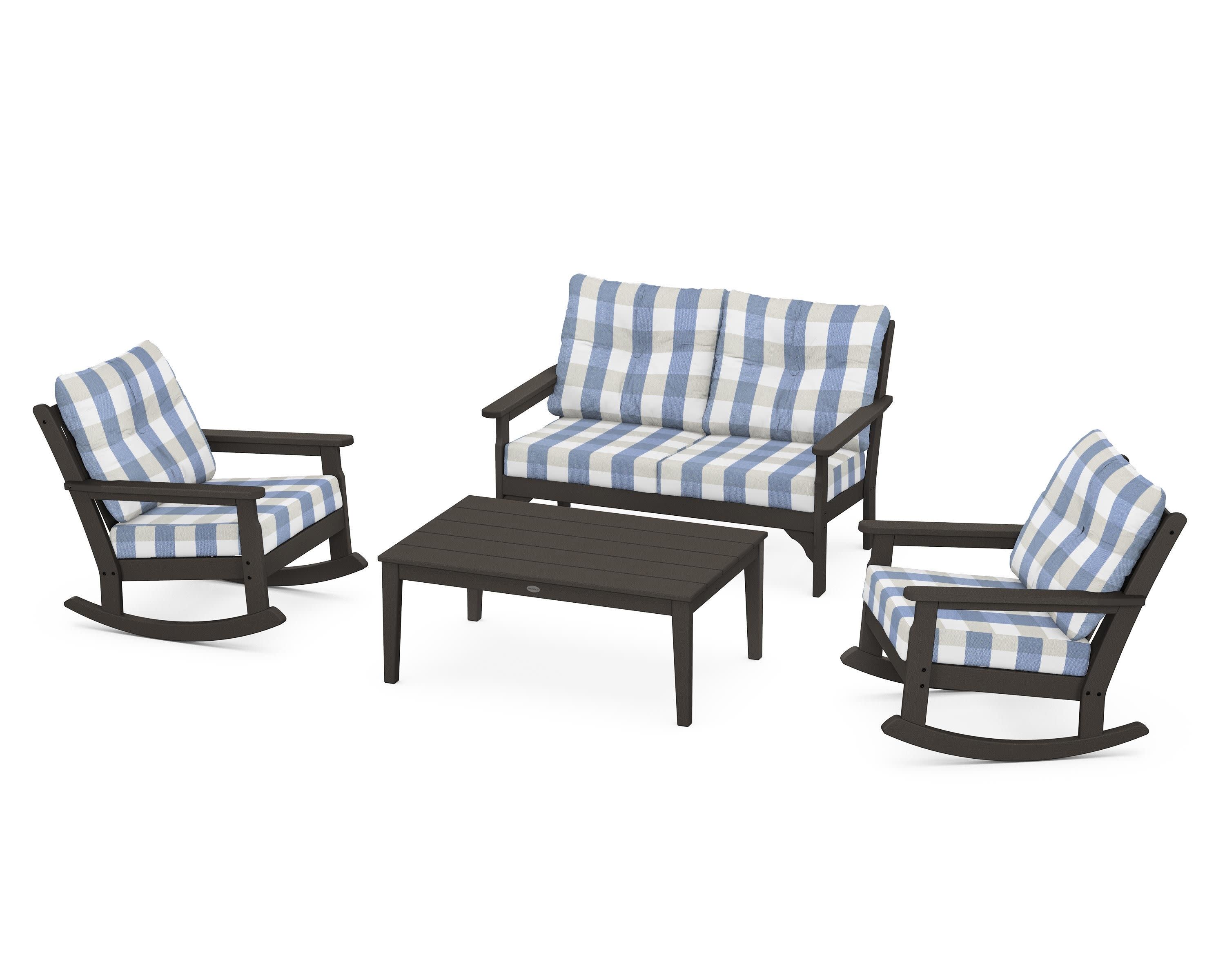 Vineyard 4-Piece Deep Seating Rocking Chair Set in Vintage Coffee / Buffalo Plaid Sky Blue