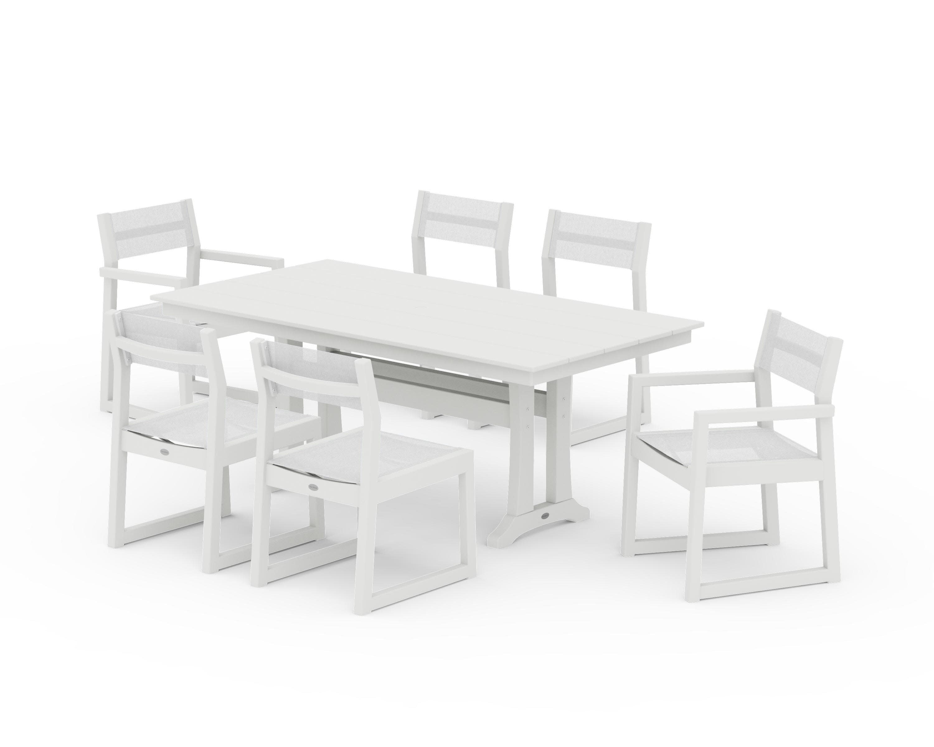 EDGE Sling 7-Piece Farmhouse Trestle Dining Set in Vintage White / White Sling