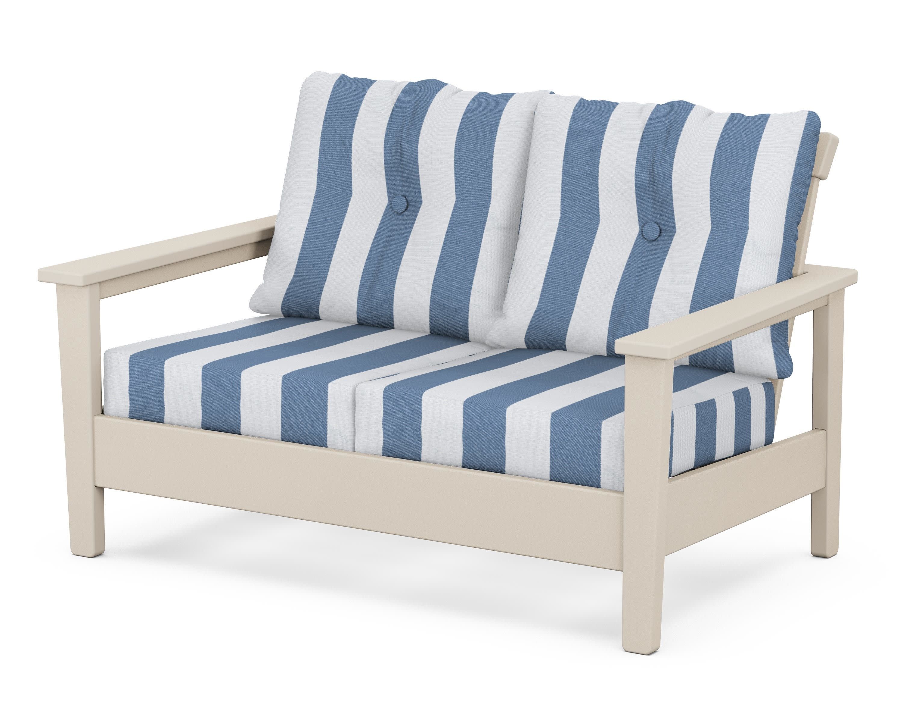 Prescott Deep Seating Loveseat in Sand / Cabana Stripe Sky Blue