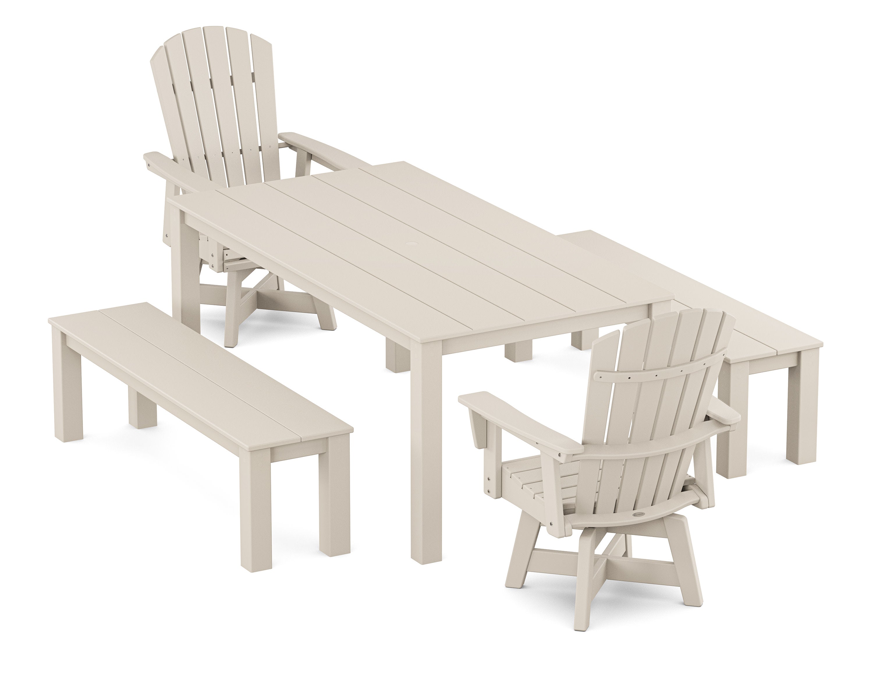 Nautical Curveback Adirondack Swivel 5-Piece Parsons Dining Set with Benches in Sand