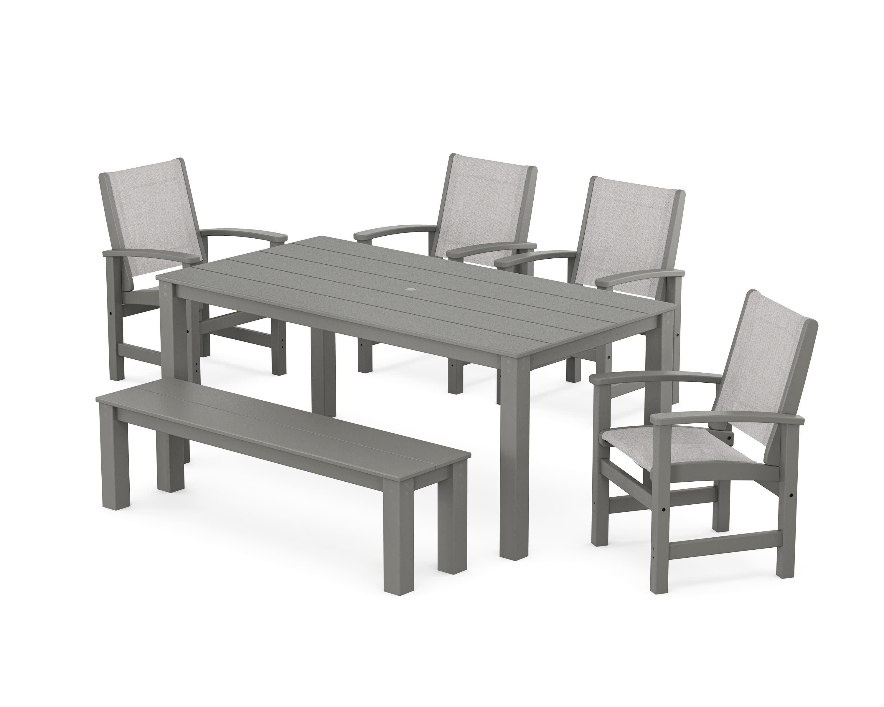 Coastal 6-Piece Parsons Dining Set with Bench in Sand / Dupioni Aquamarine Sling