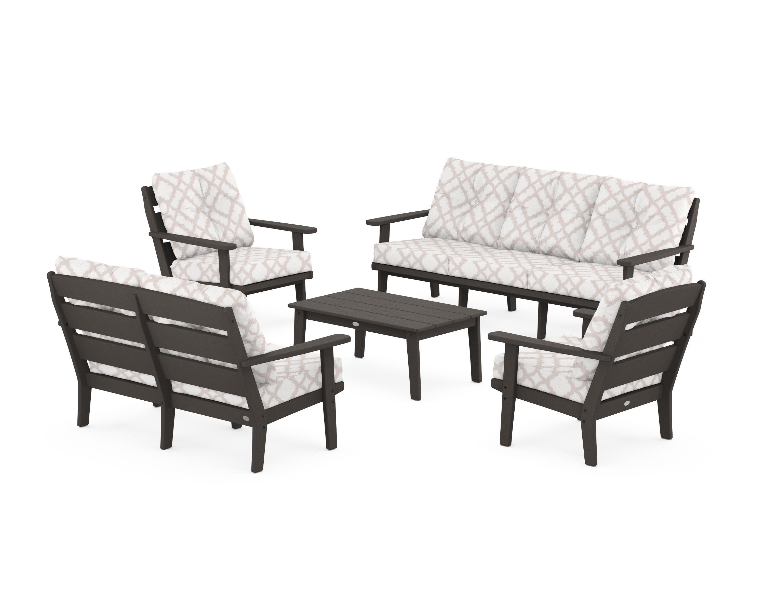 Lakeside 5-Piece Lounge Sofa Set in Vintage Coffee / Trellis Dune Burlap