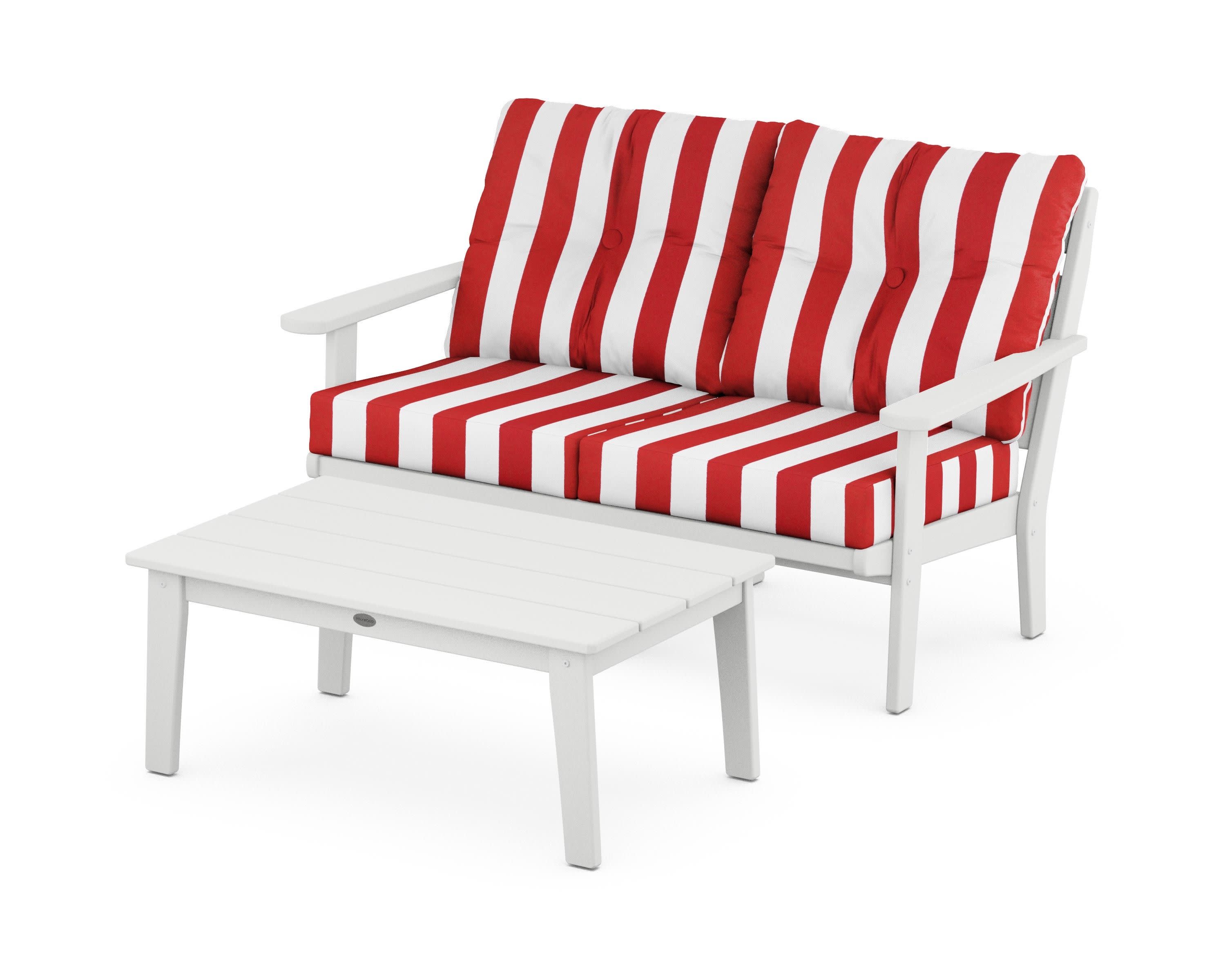 Lakeside 2-Piece Lounge Loveseat Set in White / Cabana Stripe Crimson