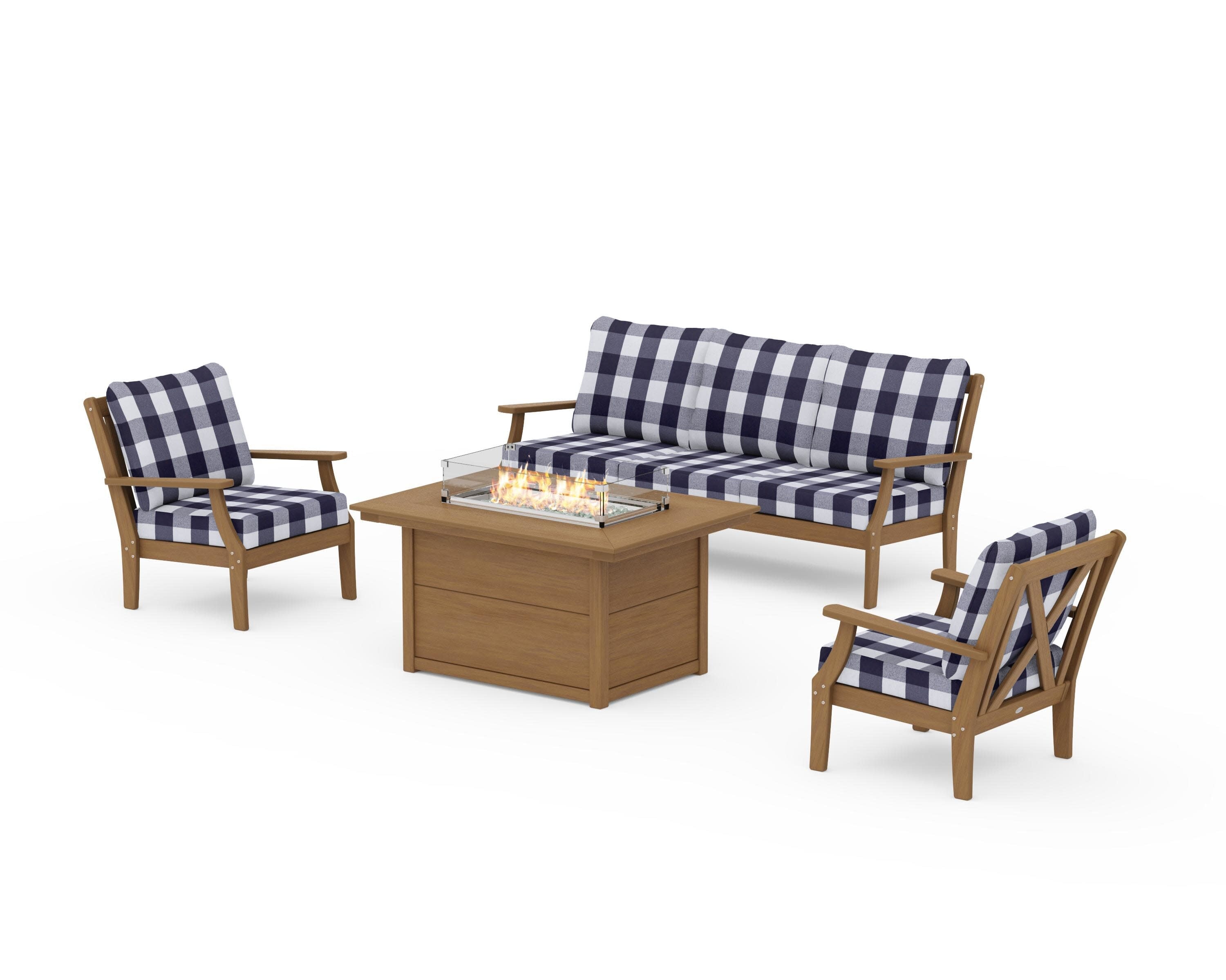 Braxton Deep Seating Fire Pit Table Set in Natural / Buffalo Plaid Navy