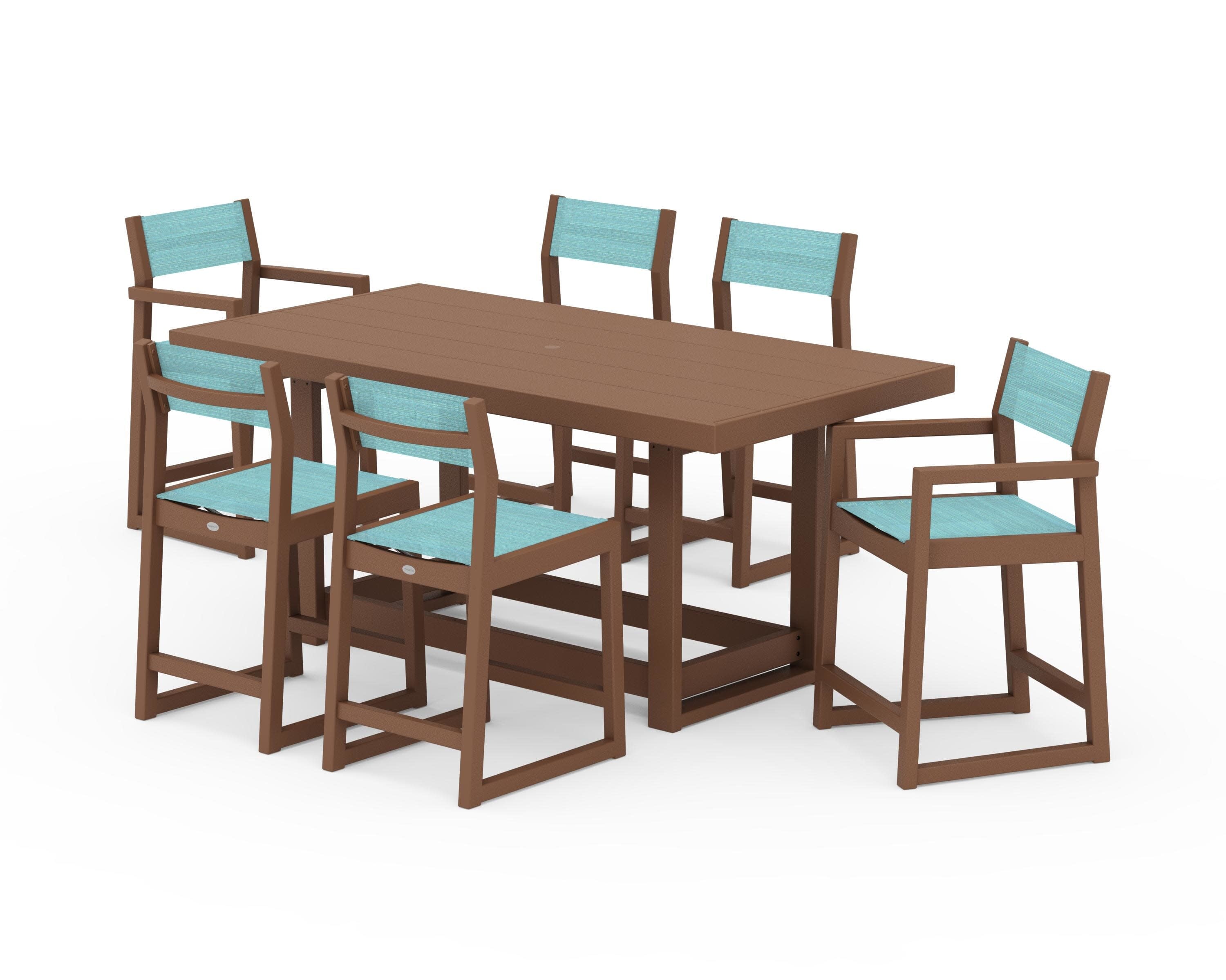 EDGE Sling 7-Piece Counter Table Set in Teak / Dupioni Aquamarine Sling