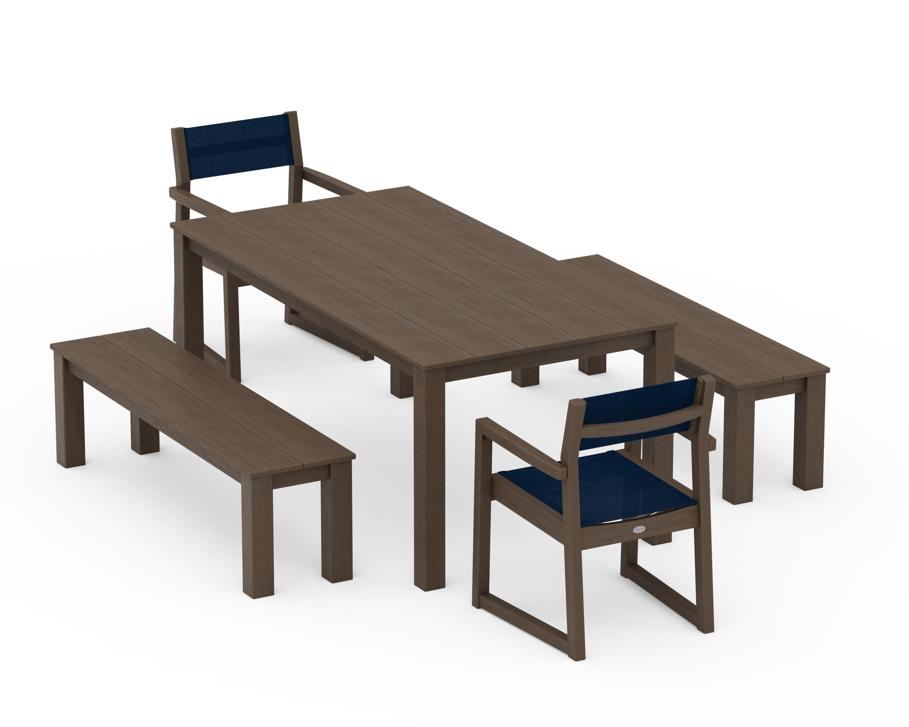 EDGE Sling Arm Chair 5-Piece Parsons Dining Set with Benches in Kona / Navy Blue Sling