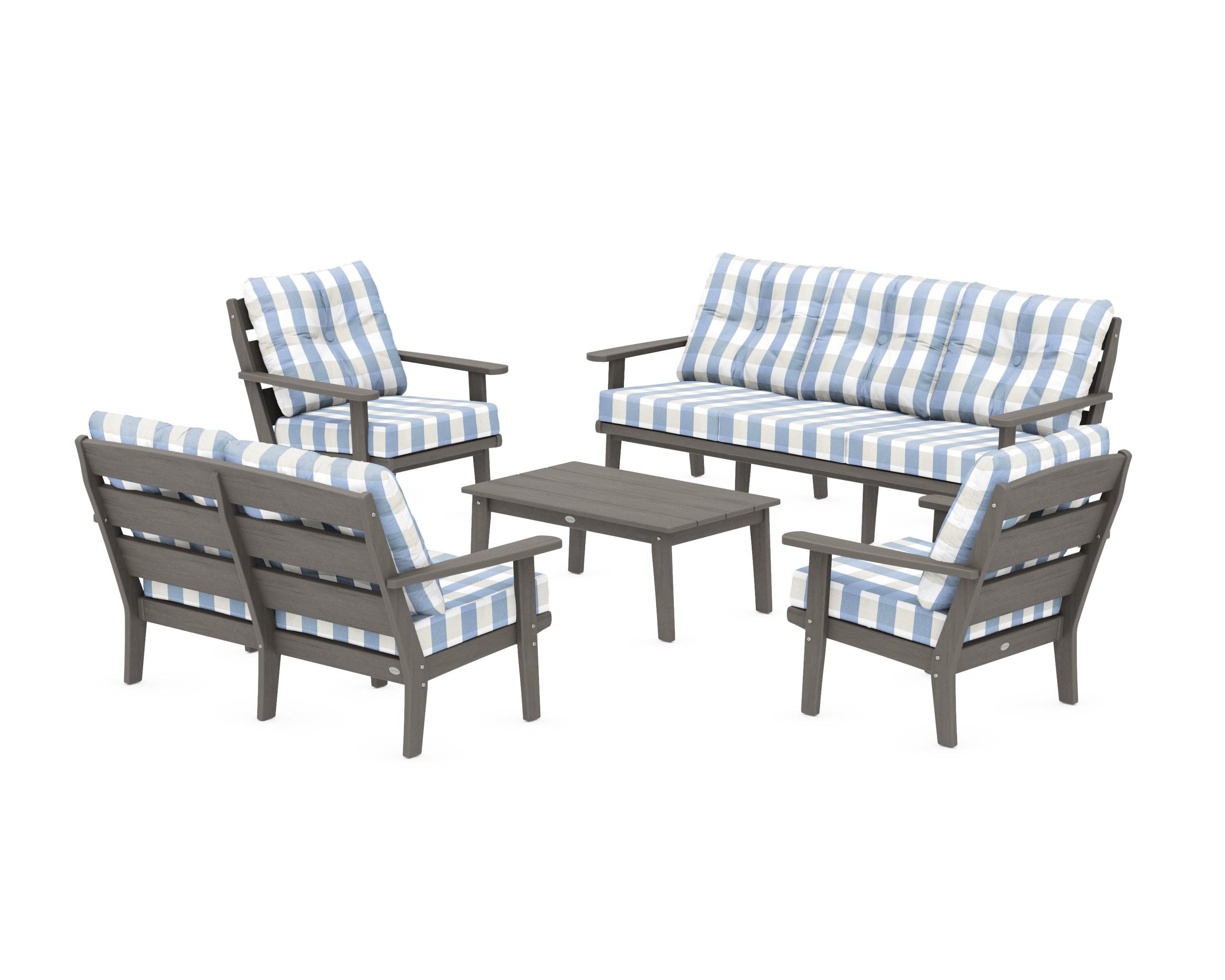 Lakeside 5-Piece Lounge Sofa Set in Driftwood / Buffalo Plaid Sky Blue
