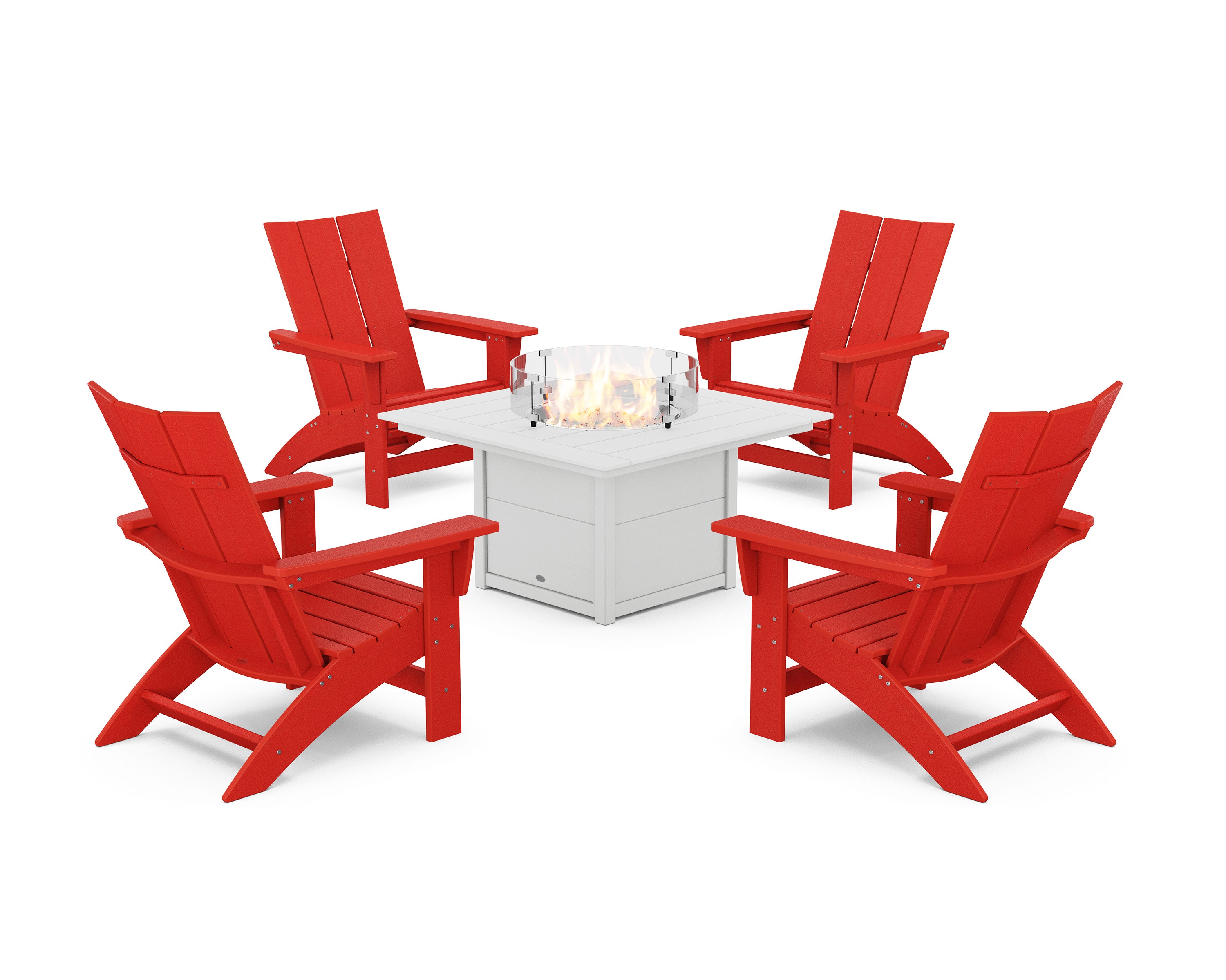 5-Piece Modern Grand Adirondack Conversation Set with Fire Pit Table in Sunset Red / White