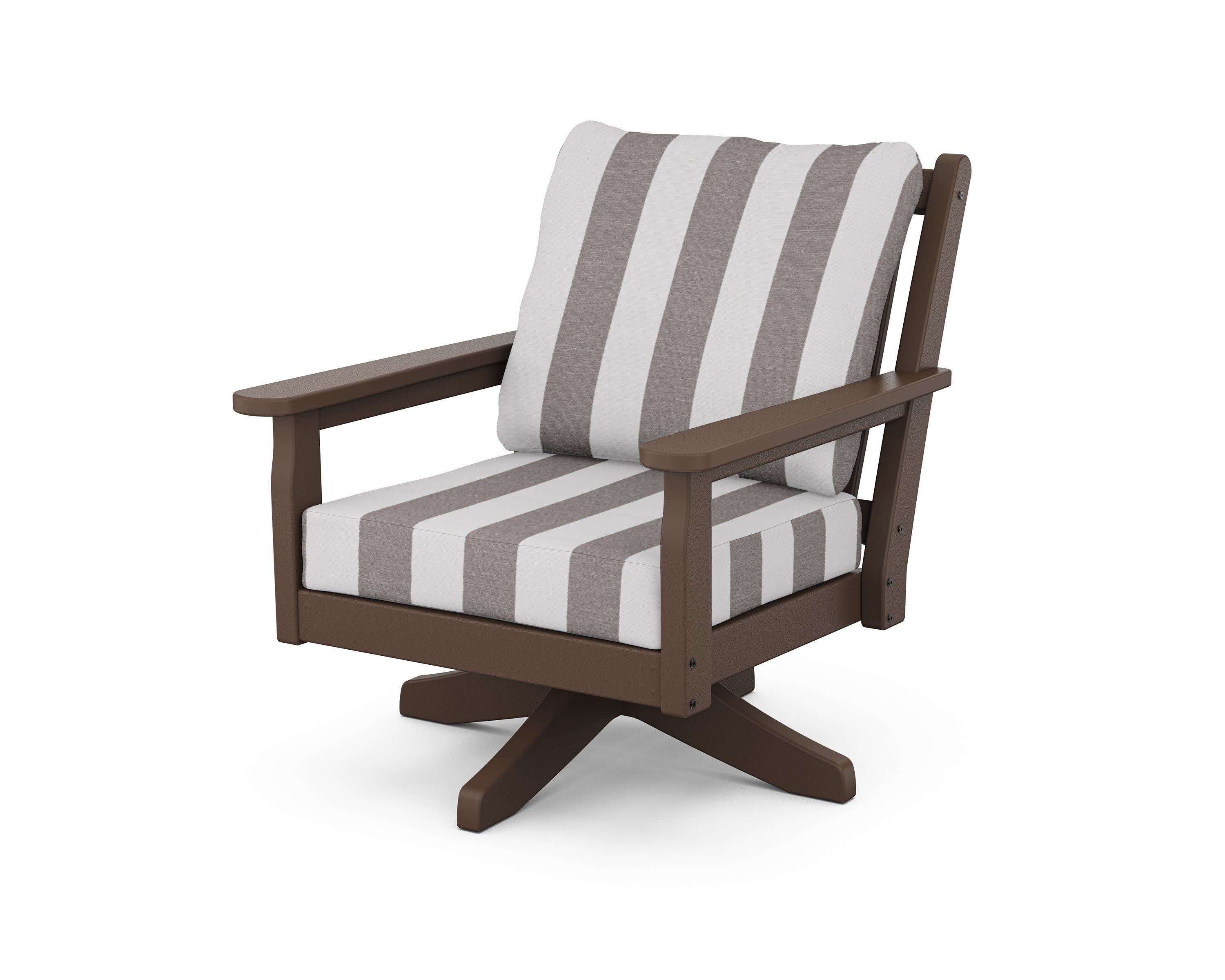 Chippendale Deep Seating Swivel Chair in Mahogany / Cabana Stripe Grey Mist
