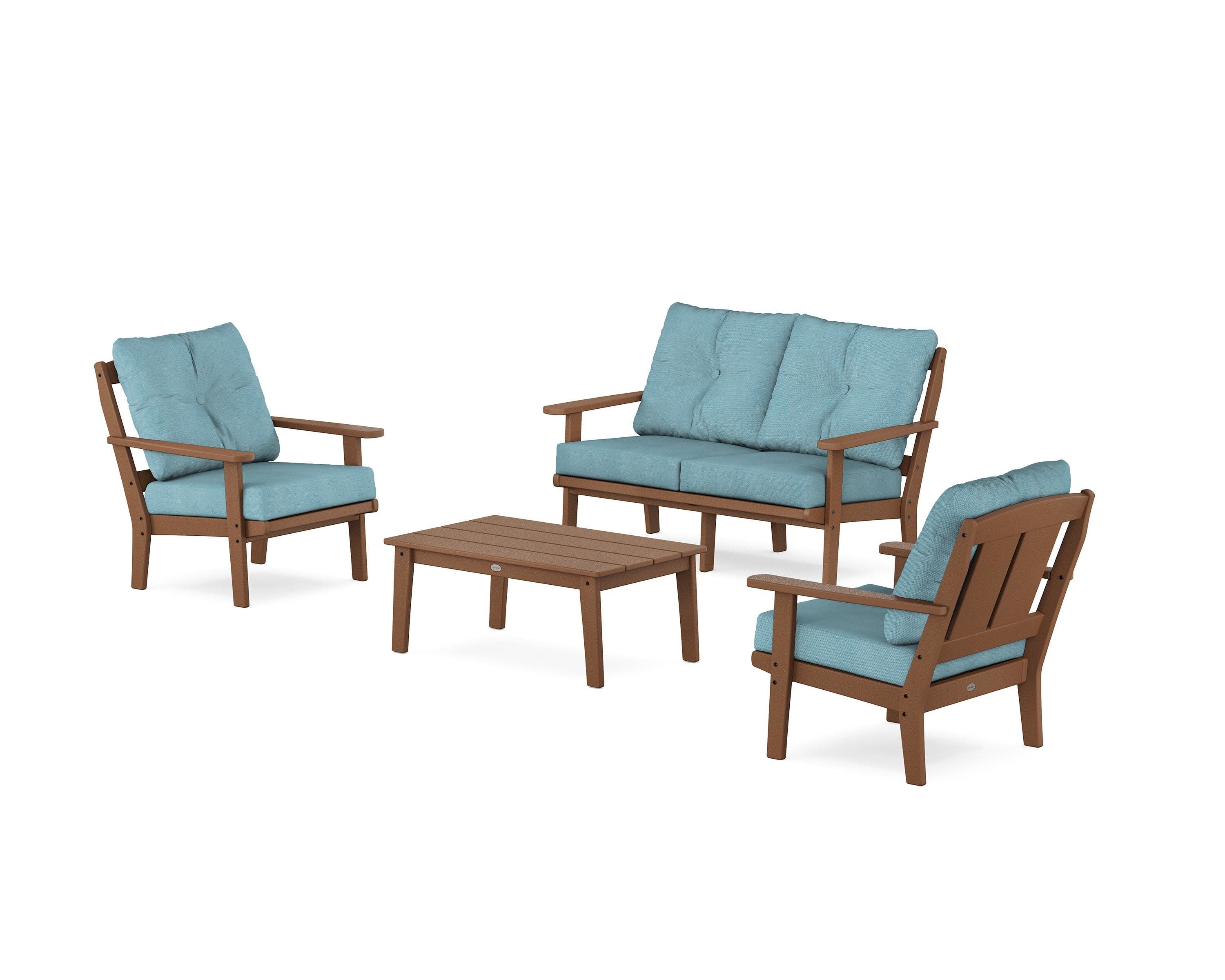 Mission 4-Piece Deep Seating Set with Loveseat in Teak / Lattice Sky Blue