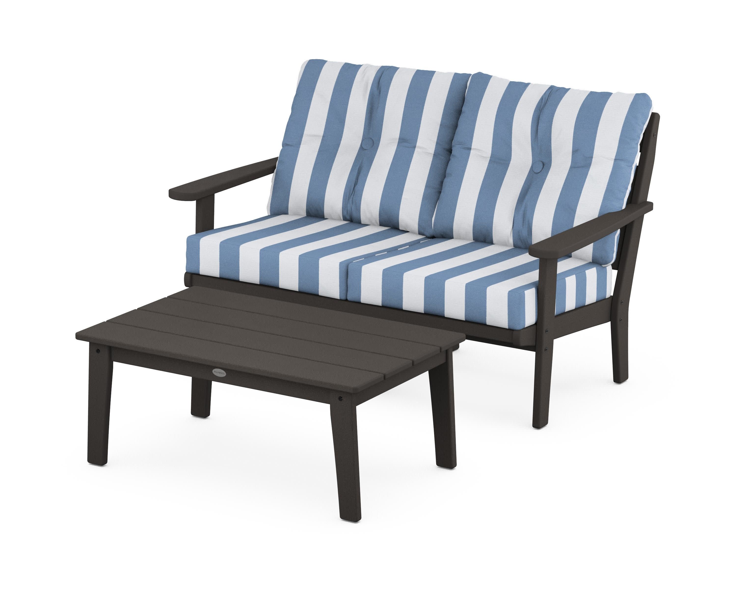 Lakeside 2-Piece Lounge Loveseat Set in Vintage Coffee / Cabana Stripe Sky Blue