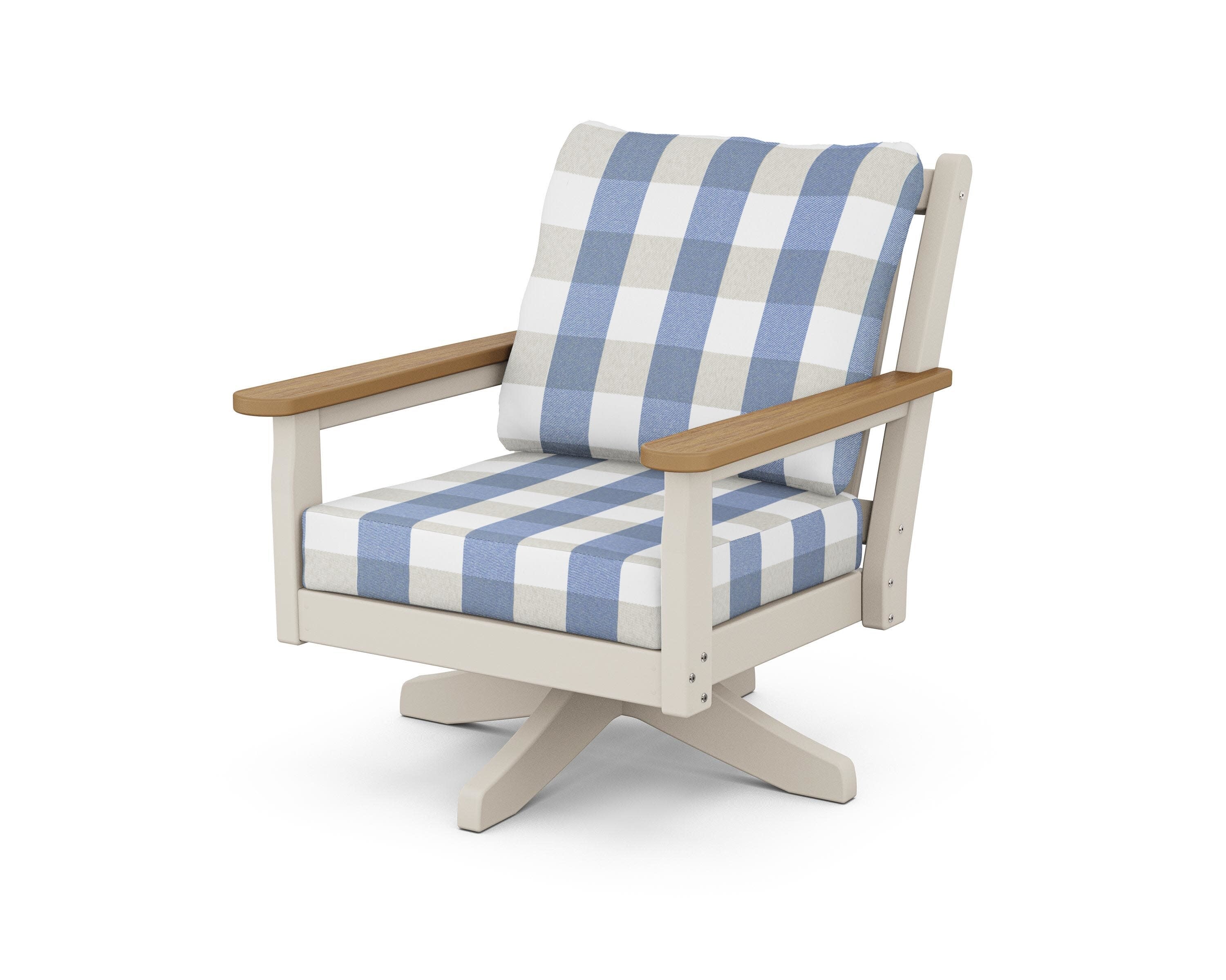 Chippendale Deep Seating Swivel Chair in Sand / Natural / Buffalo Plaid Sky Blue