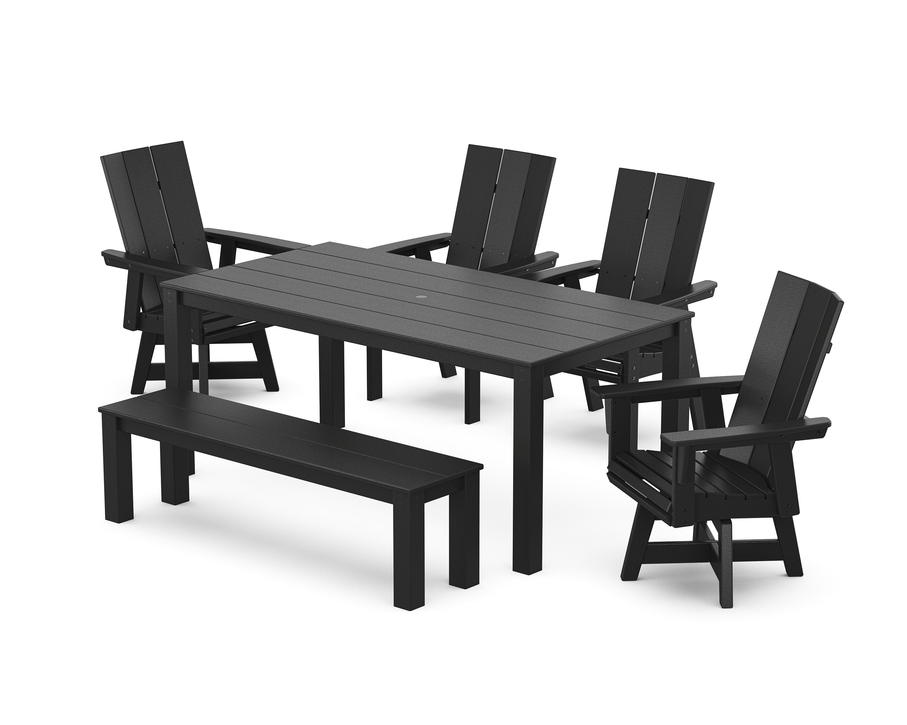 Modern Curveback Adirondack 6-Piece Parsons Swivel Dining Set with Bench in Black