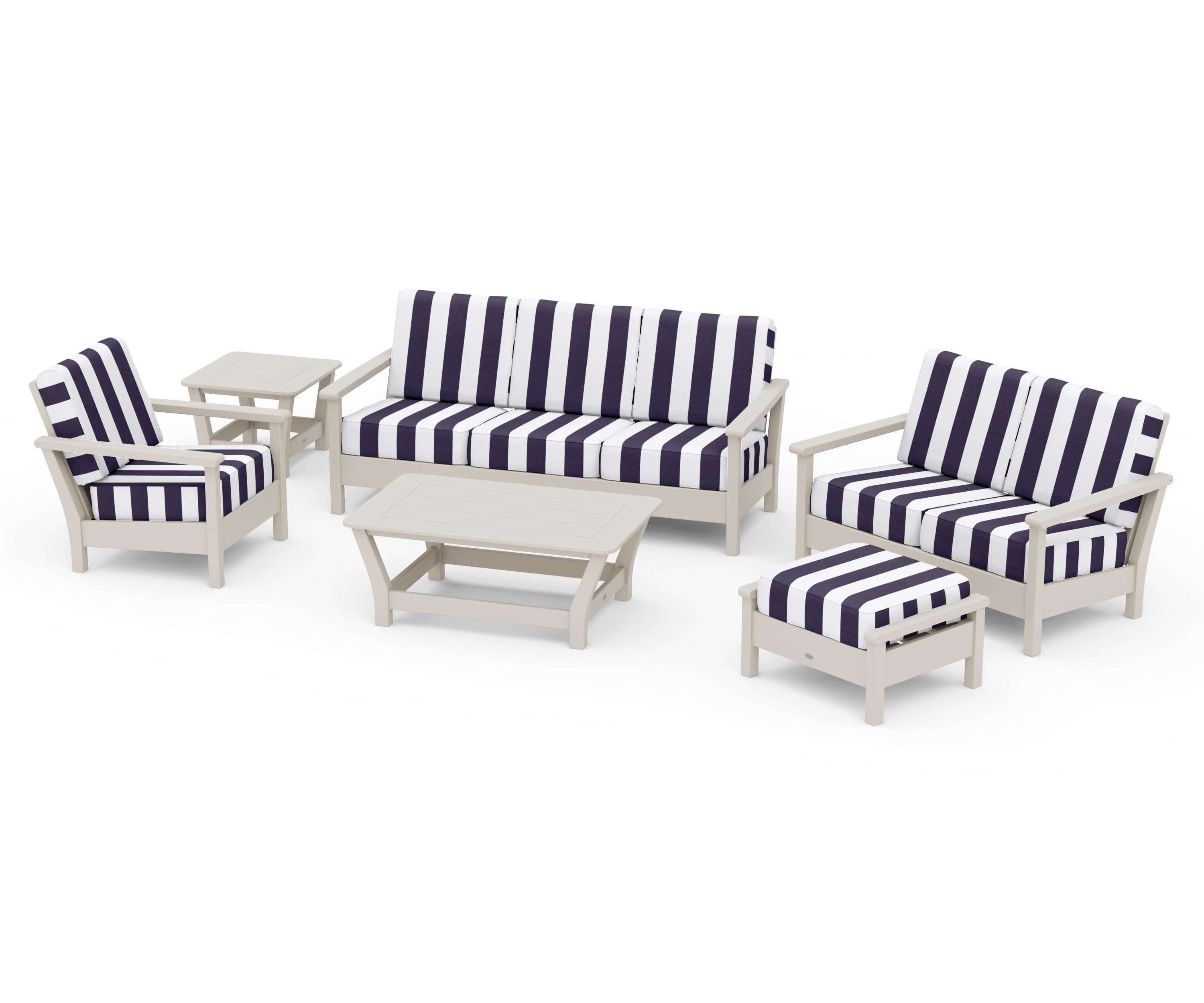 Harbour 6-Piece Outdoor Living Set in Sand / Cabana Stripe Navy