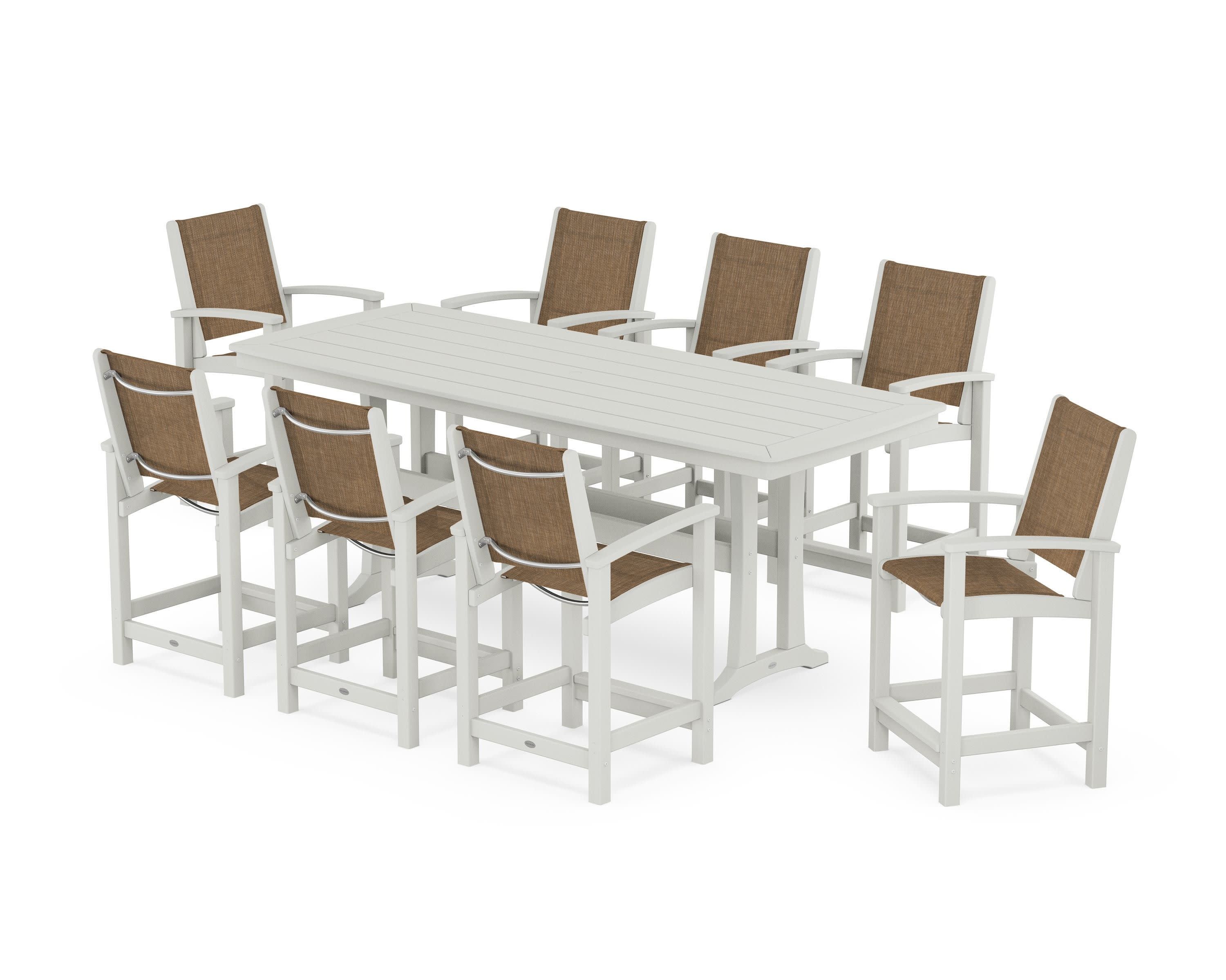 Coastal 9-Piece Counter Set with Trestle Legs in Vintage White / Burlap Sling