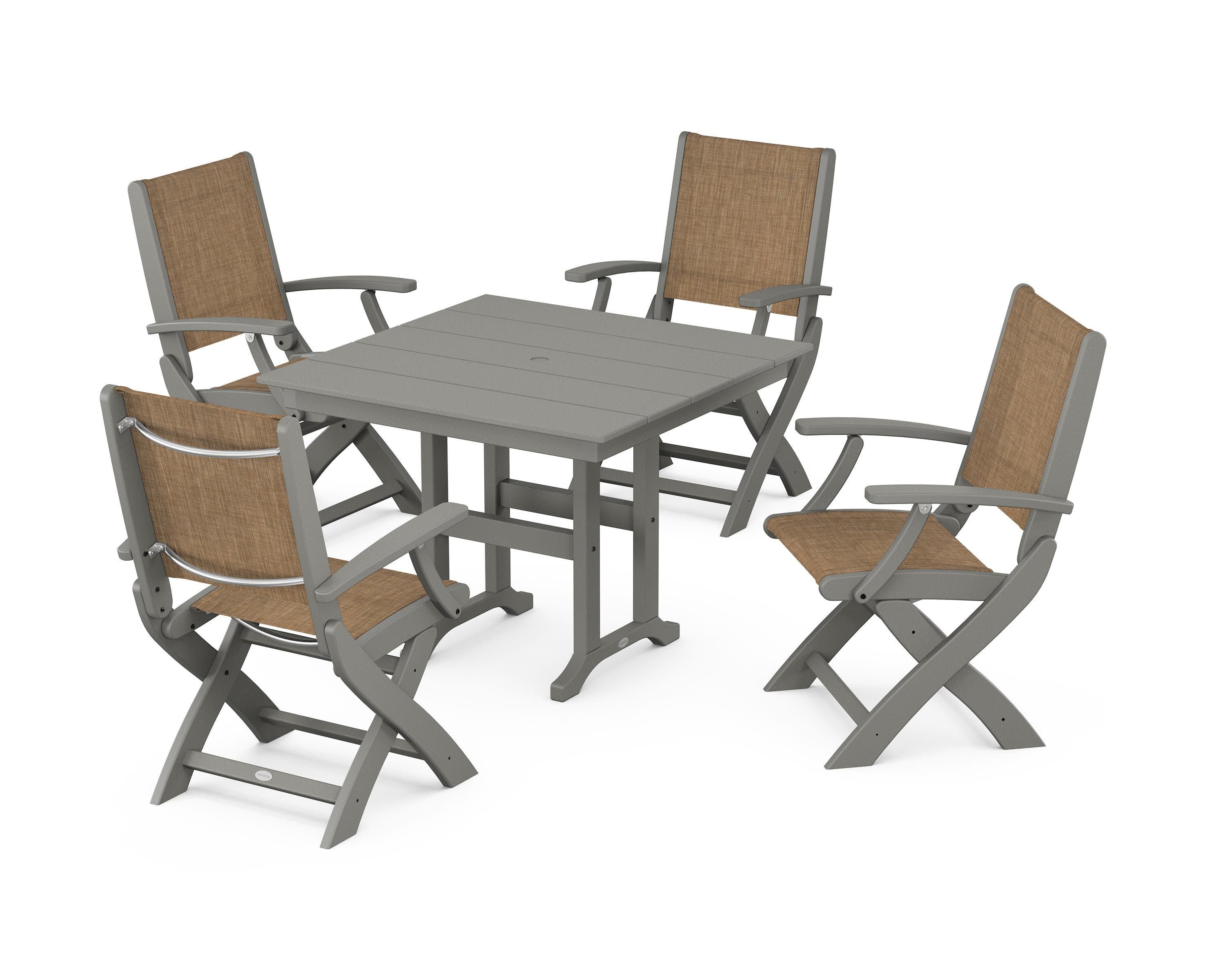 Coastal Folding Chair 5-Piece Farmhouse Dining Set in Slate Grey / Burlap Sling