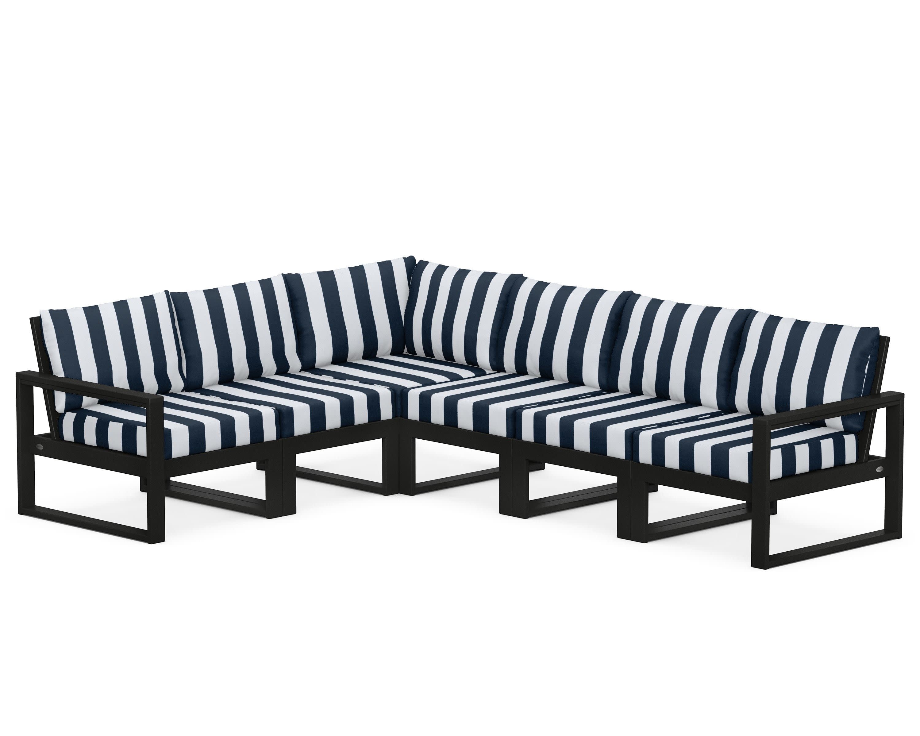 EDGE 6-Piece Modular Deep Seating Set in Black / Cabana Stripe Marine Indigo