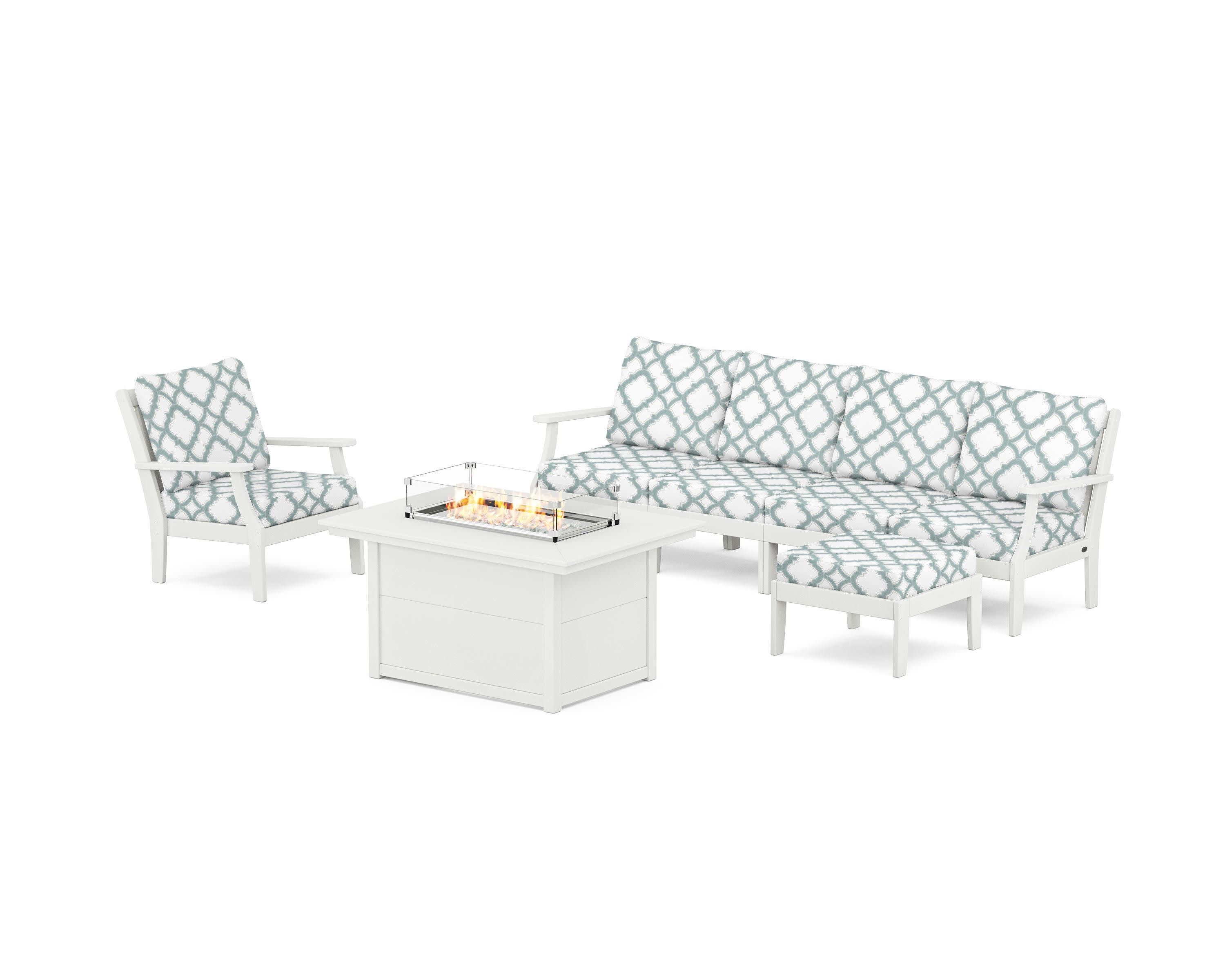 Braxton Sectional Lounge and Fire Pit Set in Vintage White / Trellis Glacier Spa