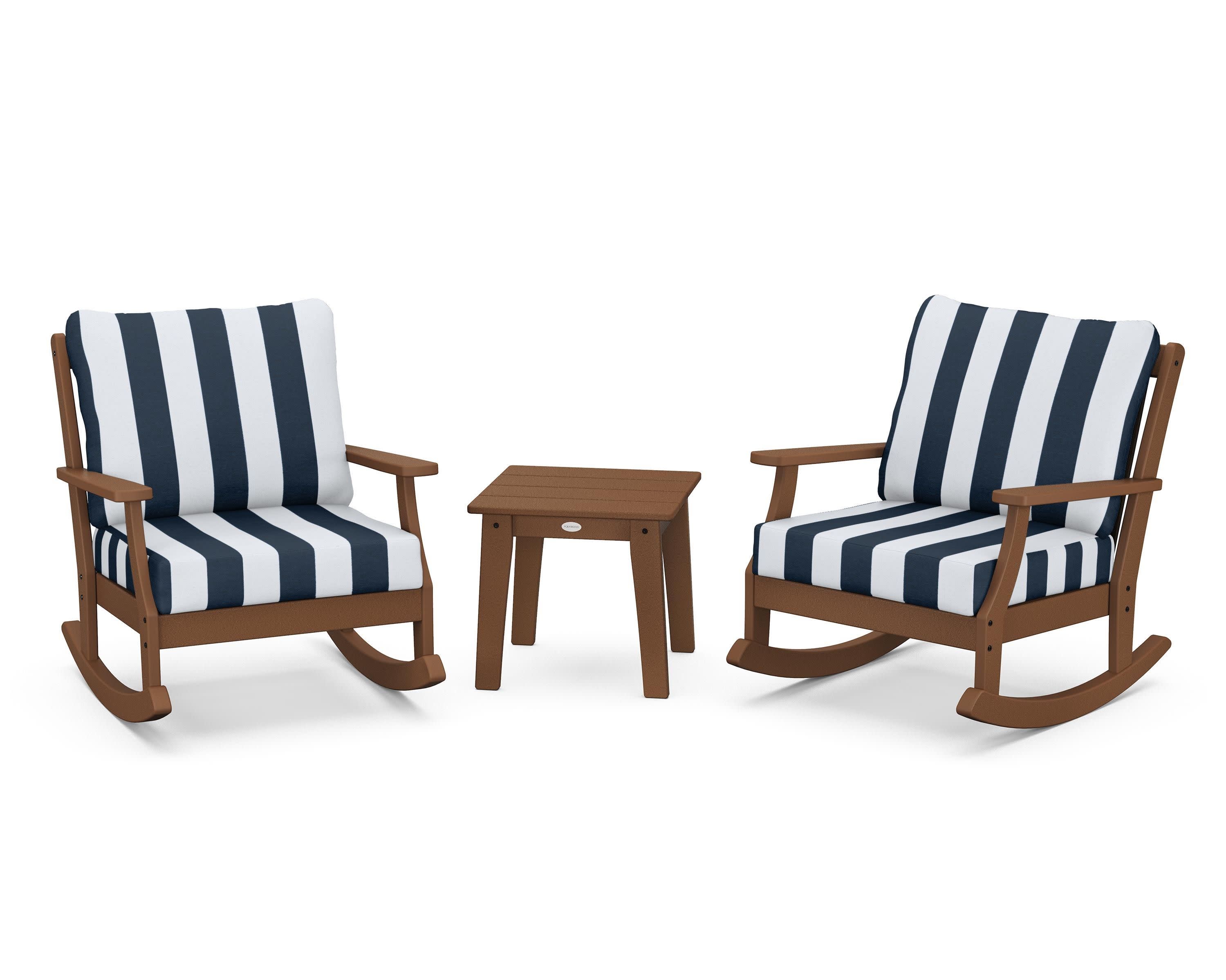 Braxton 3-Piece Deep Seating Rocker Set in Teak / Cabana Stripe Marine Indigo