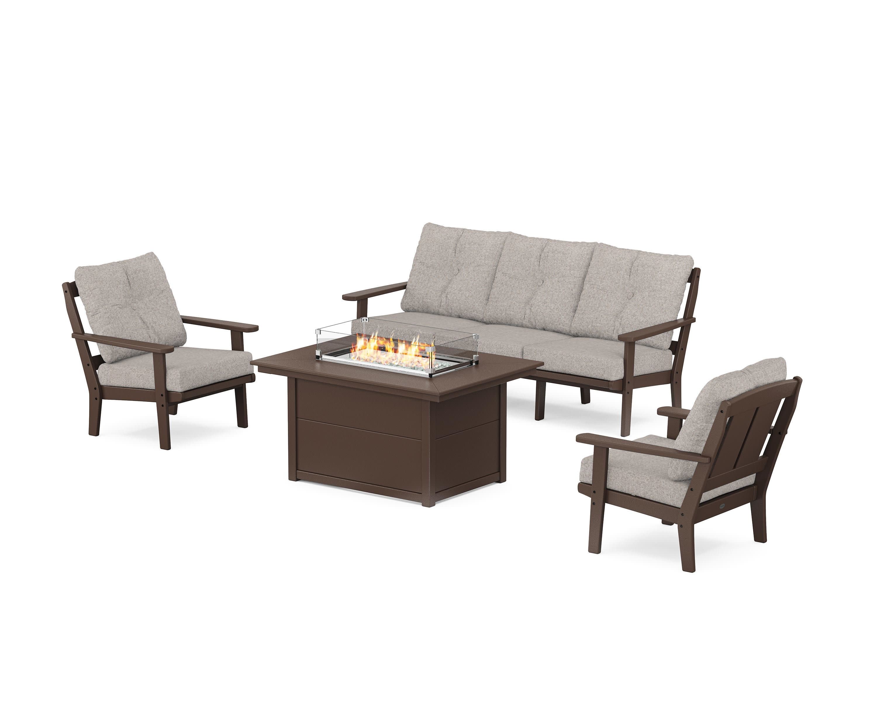 Mission Deep Seating Fire Pit Table Set in Mahogany / Weathered Tweed