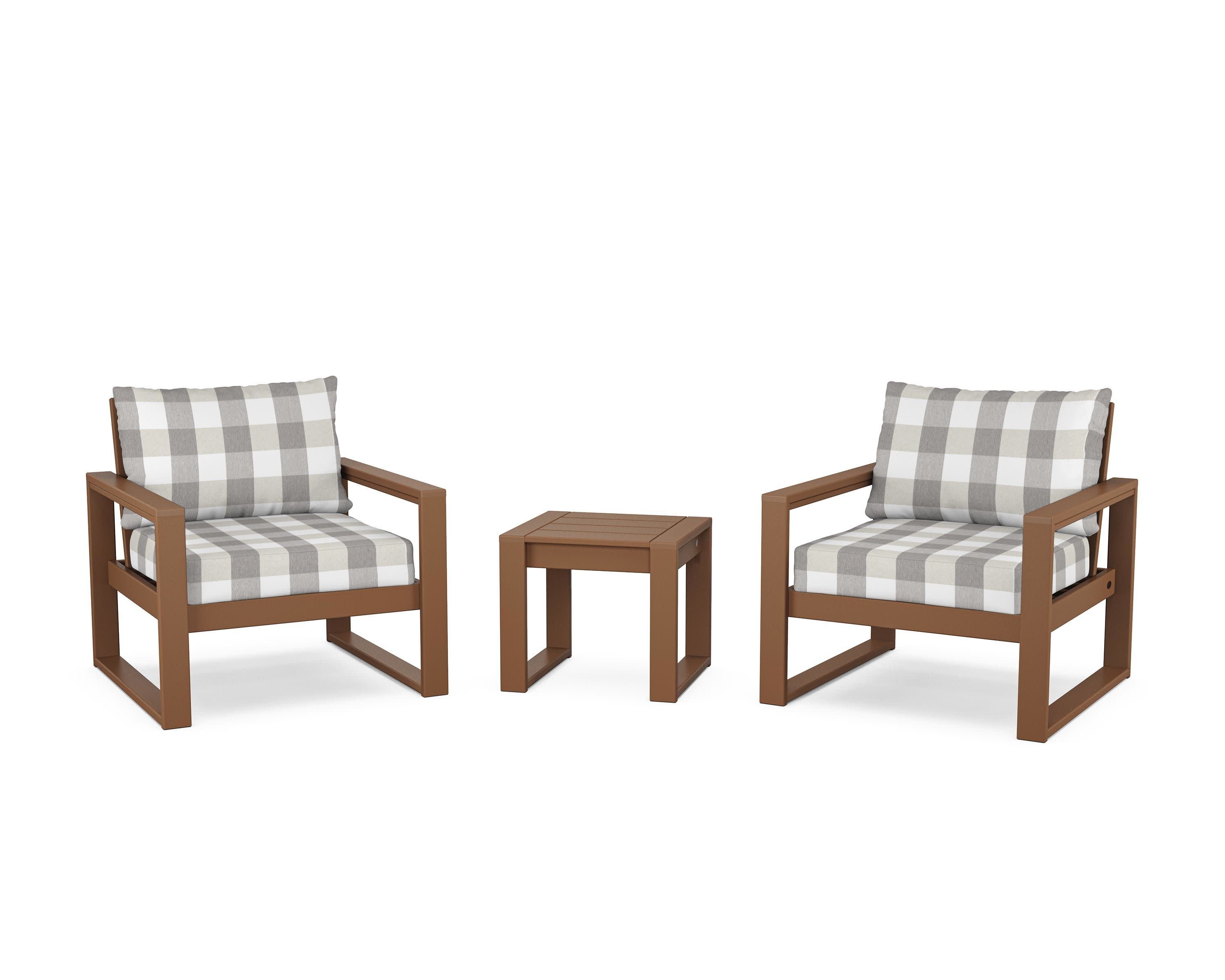 EDGE Sectional 3-Piece Deep Seating Set in Teak / Buffalo Plaid Grey Mist
