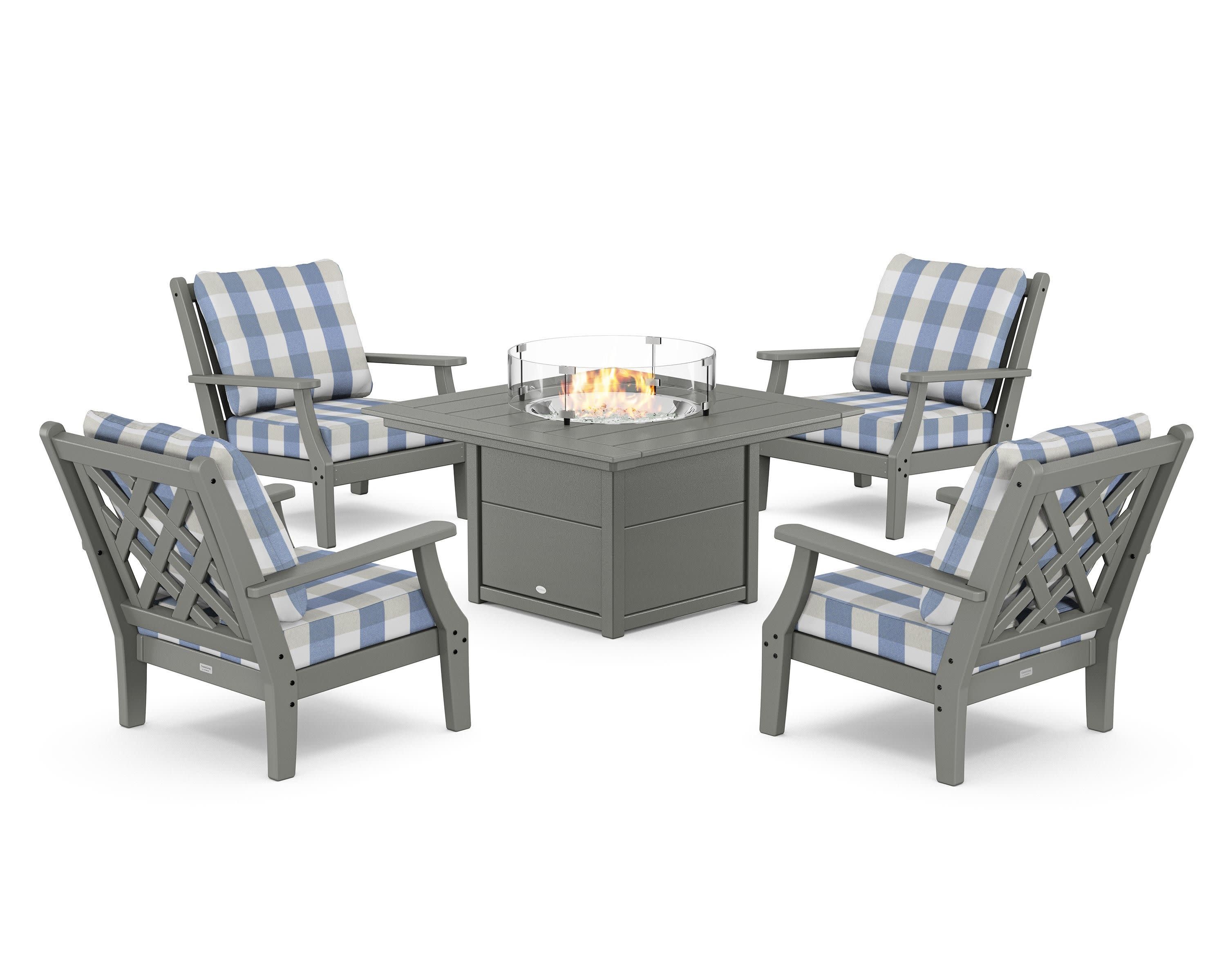 Wovendale 5-Piece Deep Seating Set with Fire Pit Table in Slate Grey / Buffalo Plaid Sky Blue