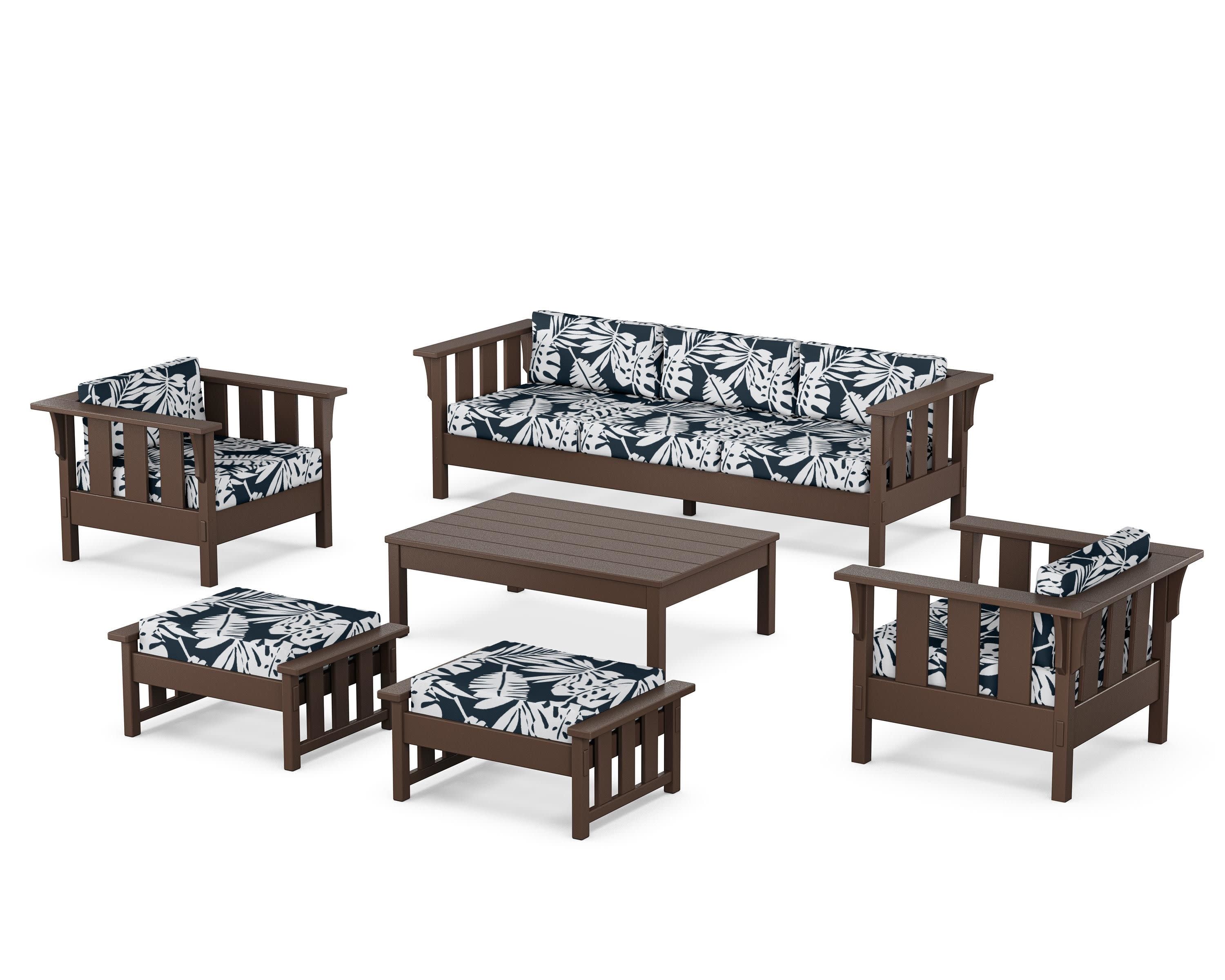 Acadia 6-Piece Lounge Sofa Set in Mahogany / Leaf Marine Indigo