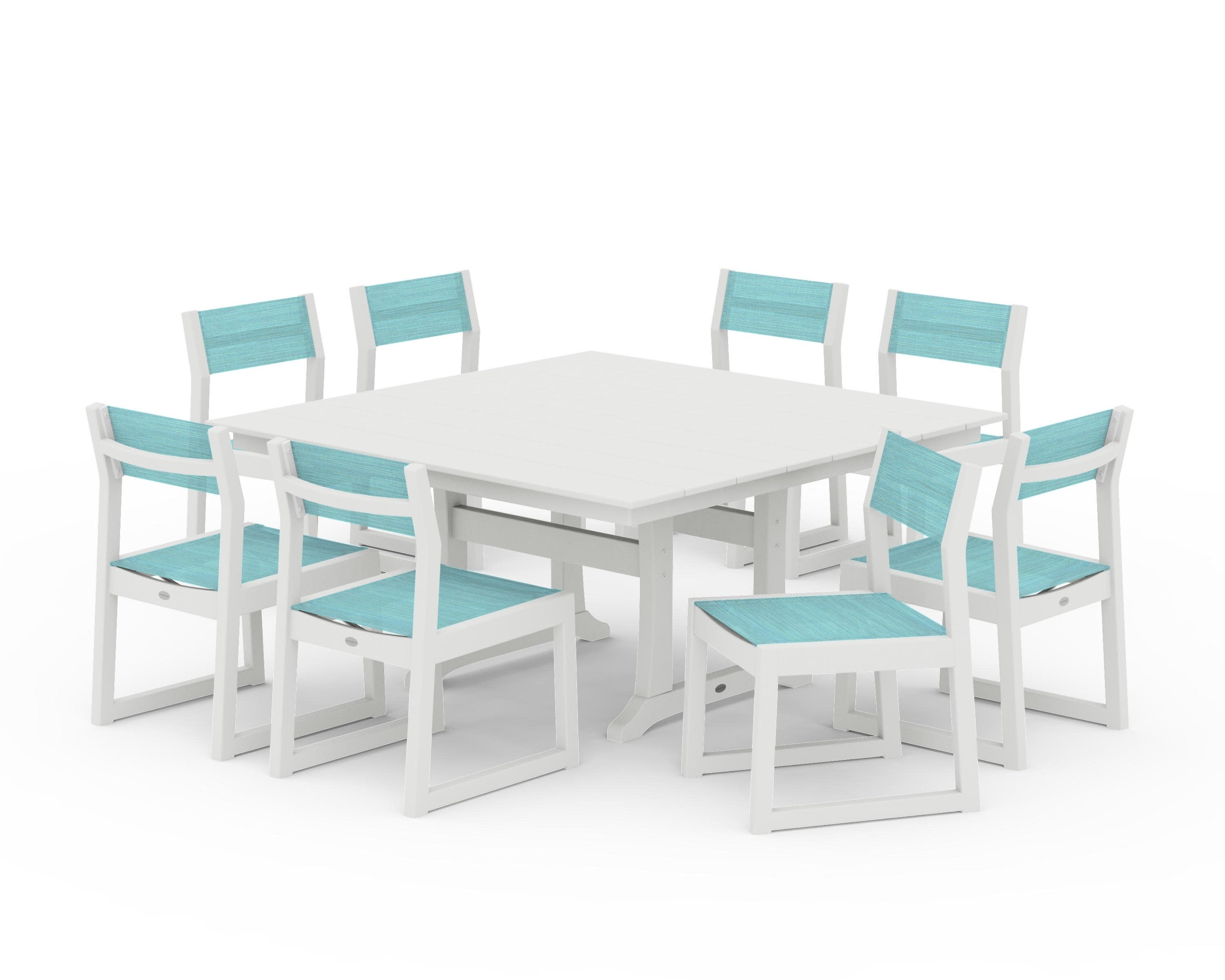 EDGE Sling Side Chair 9-Piece Farmhouse Trestle Dining Set in Vintage White / Dupioni Aquamarine Sling