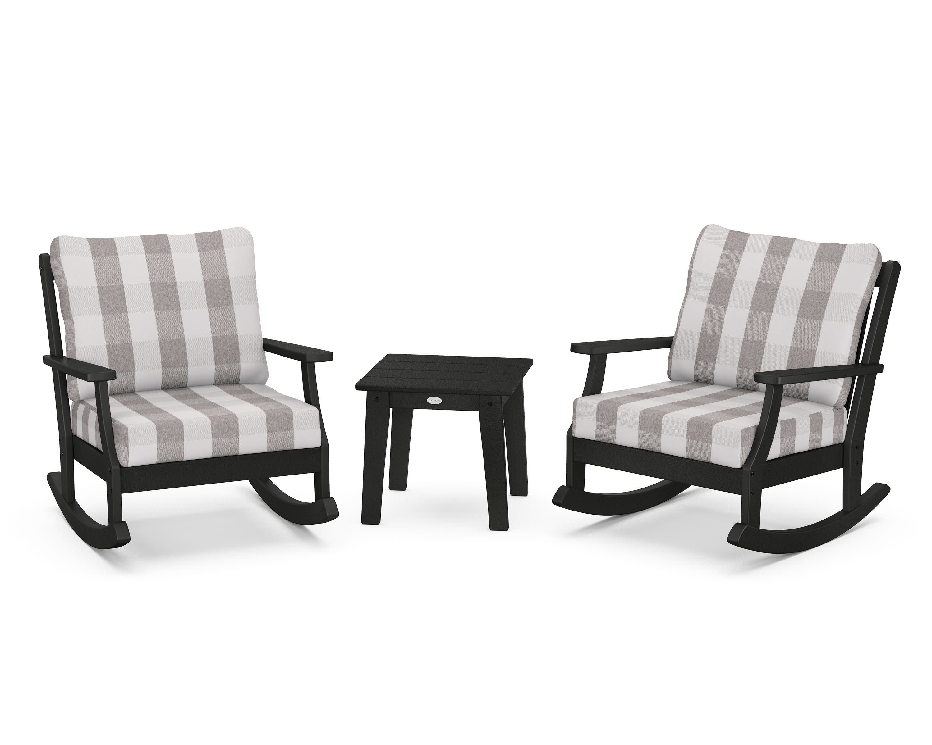 Braxton 3-Piece Deep Seating Rocker Set in Black / Buffalo Plaid Grey Mist