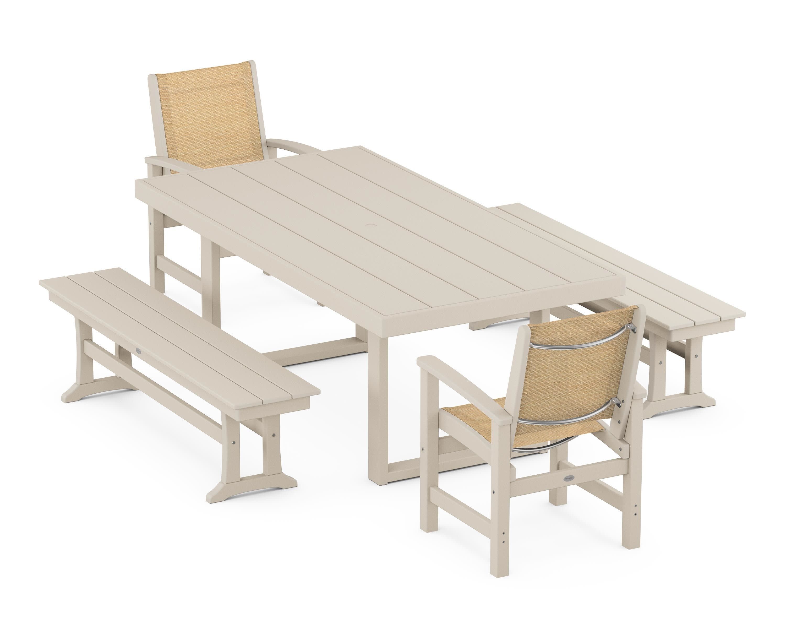 Coastal 5-Piece Dining Set with Trestle Legs in Sand / Dupioni Apricot Sling