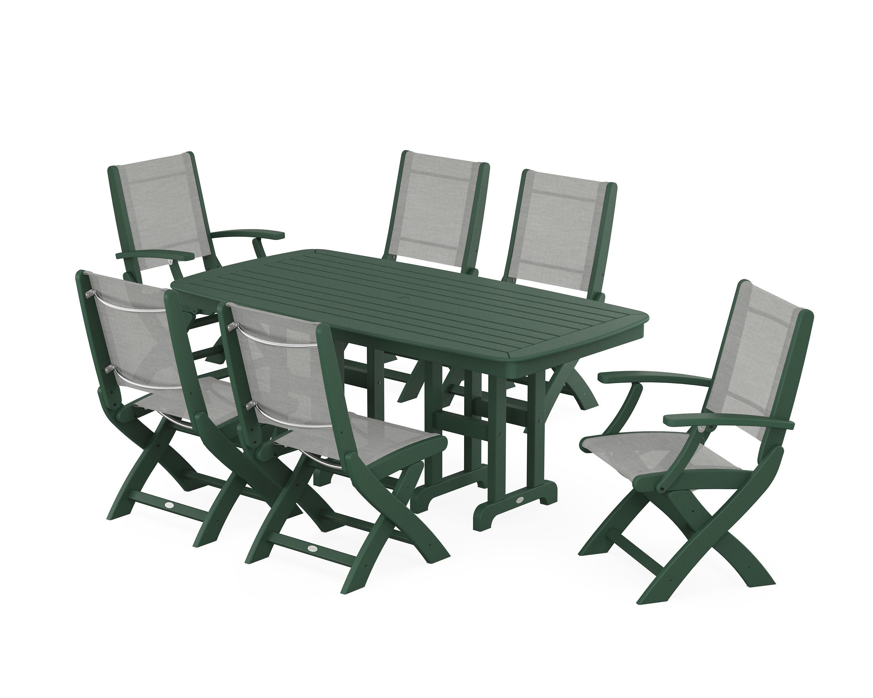 Coastal Folding Chair 7-Piece Dining Set in Green / Metallic Sling