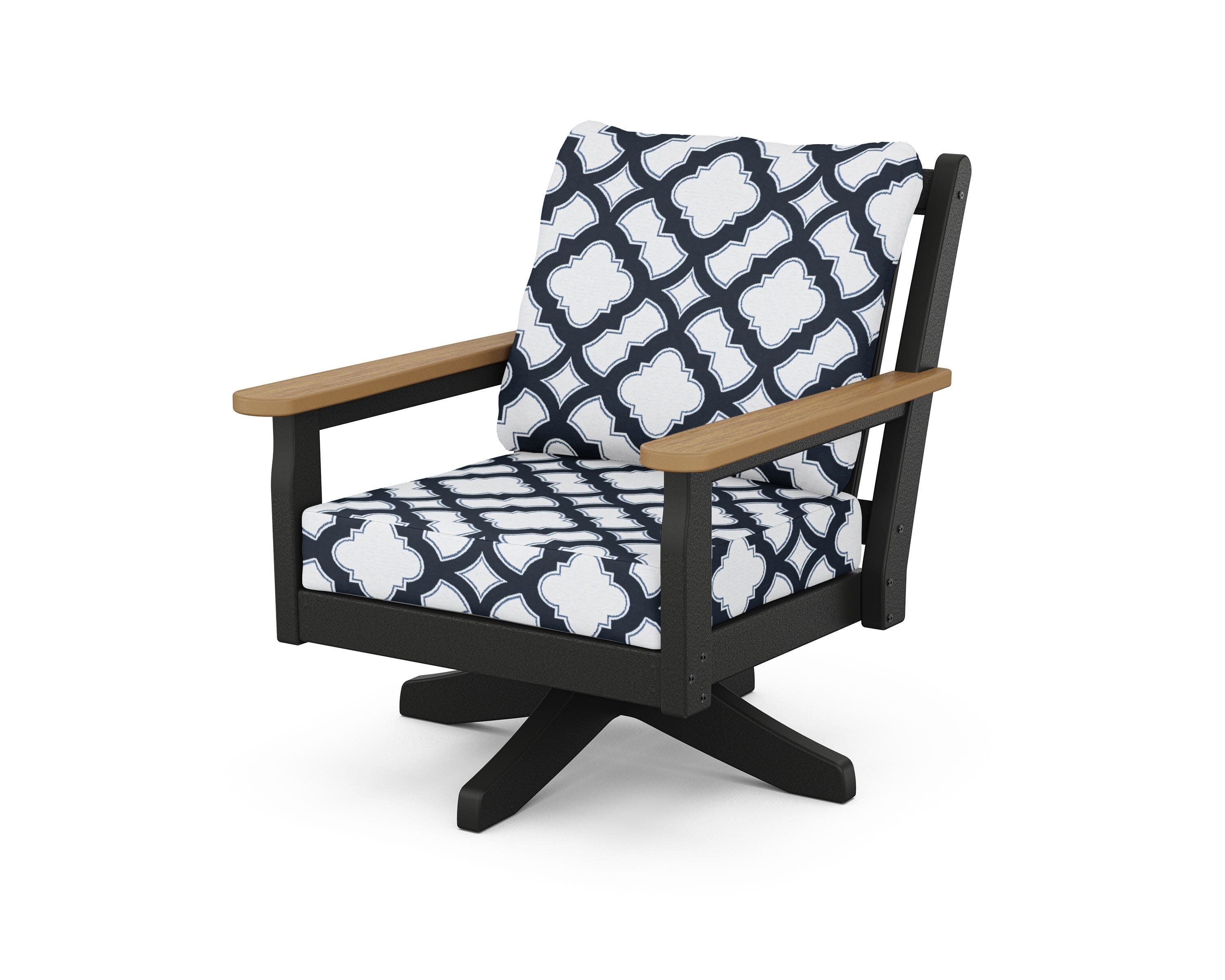 Chippendale Deep Seating Swivel Chair in Black / Natural / Trellis Marine Indigo