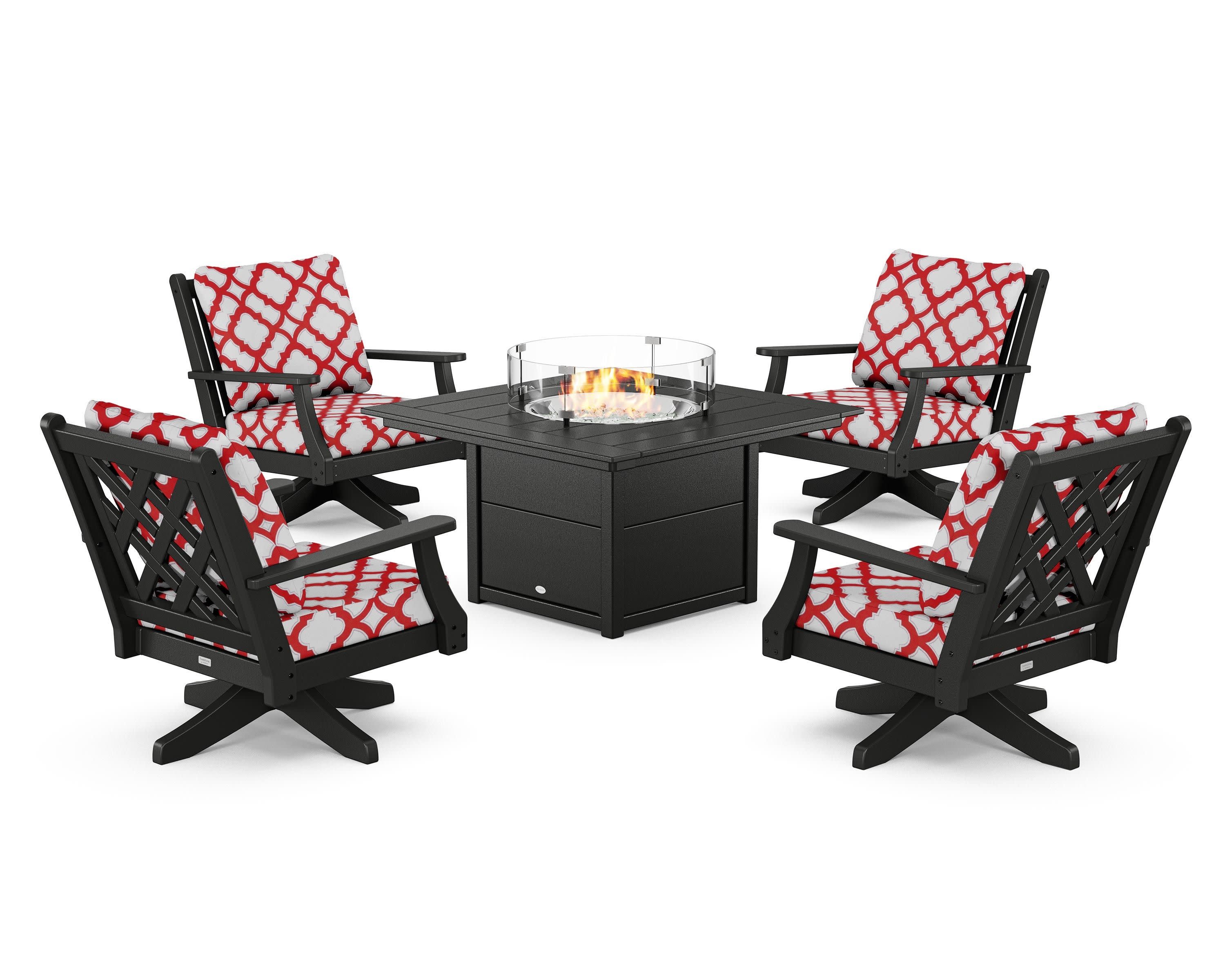 Wovendale 5-Piece Deep Seating Swivel Conversation Set with Fire Pit Table in Black / Trellis Crimson