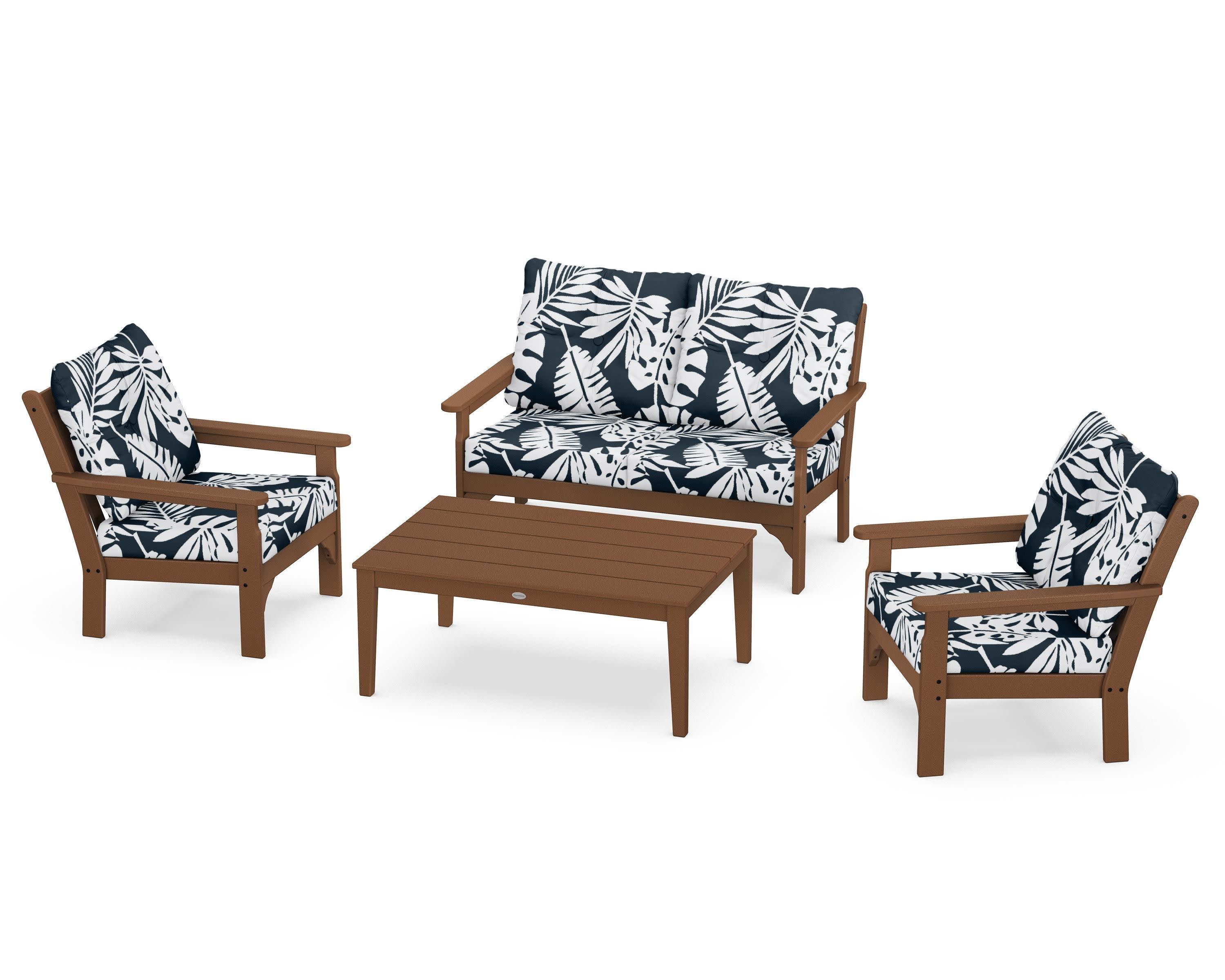 Vineyard 4-Piece Deep Seating Set in Teak / Leaf Marine Indigo