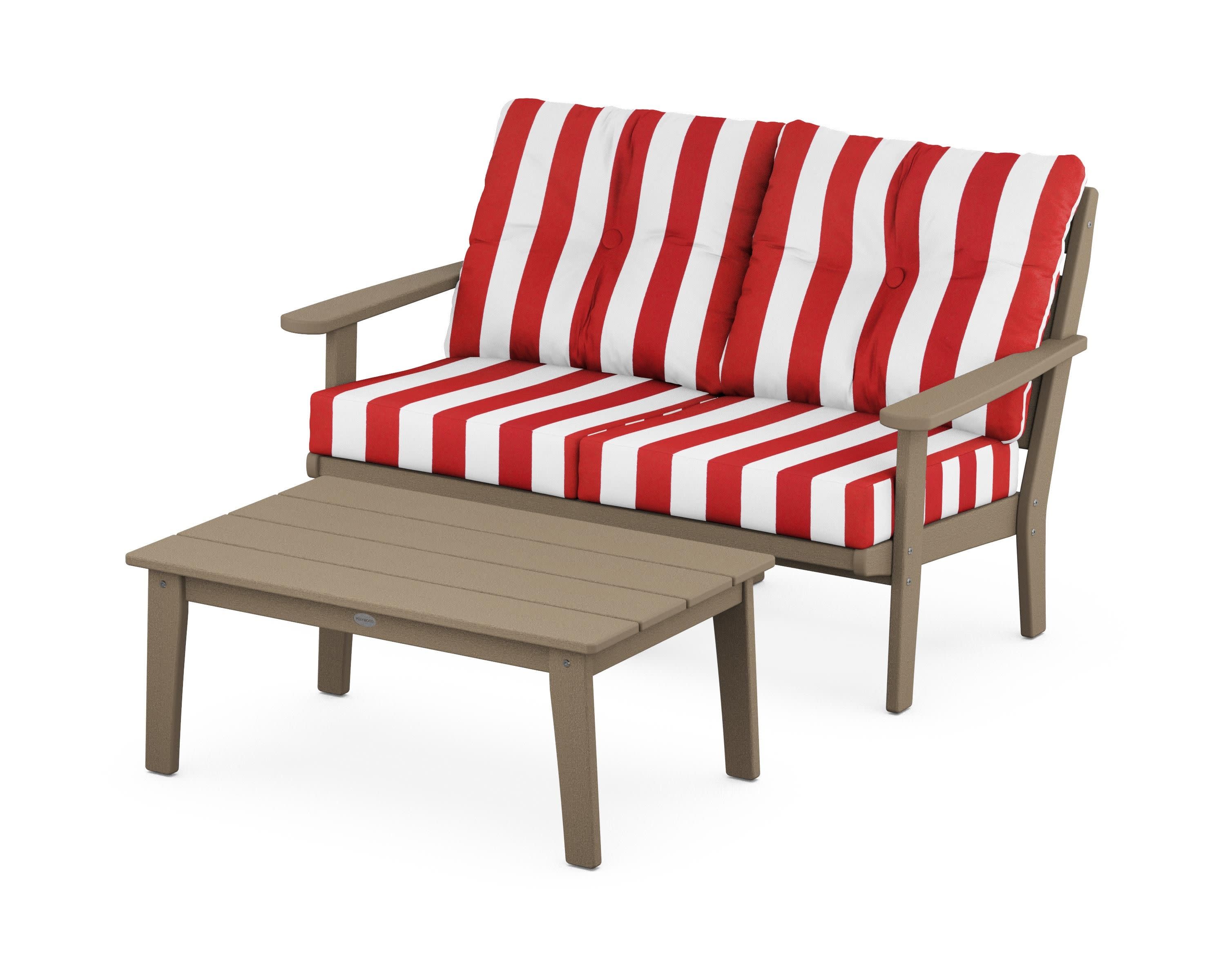 Lakeside 2-Piece Lounge Loveseat Set in Vintage Sahara / Cabana Stripe Crimson