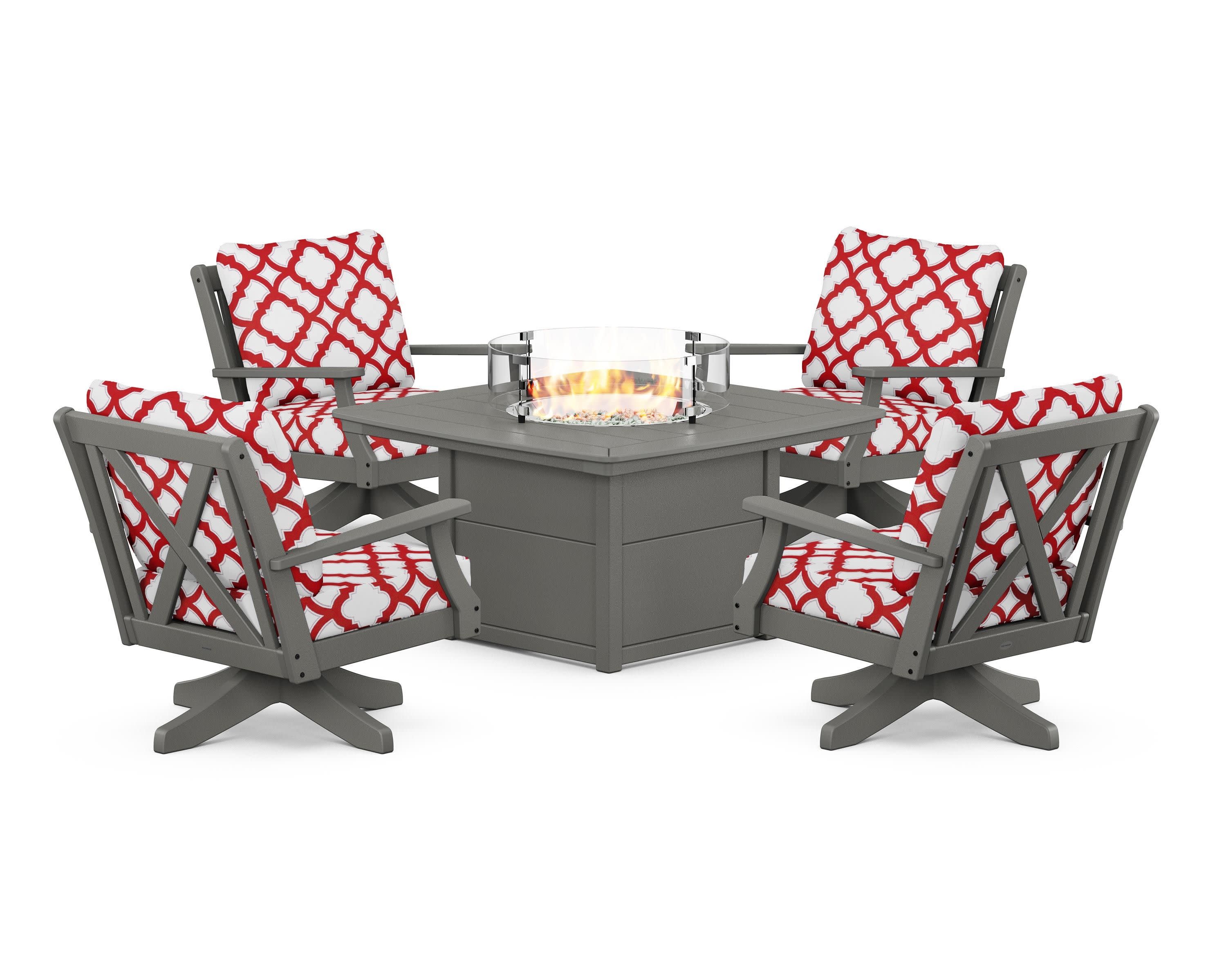 Braxton 5-Piece Deep Seating Swivel Conversation Set with Fire Pit Table in Slate Grey / Trellis Crimson