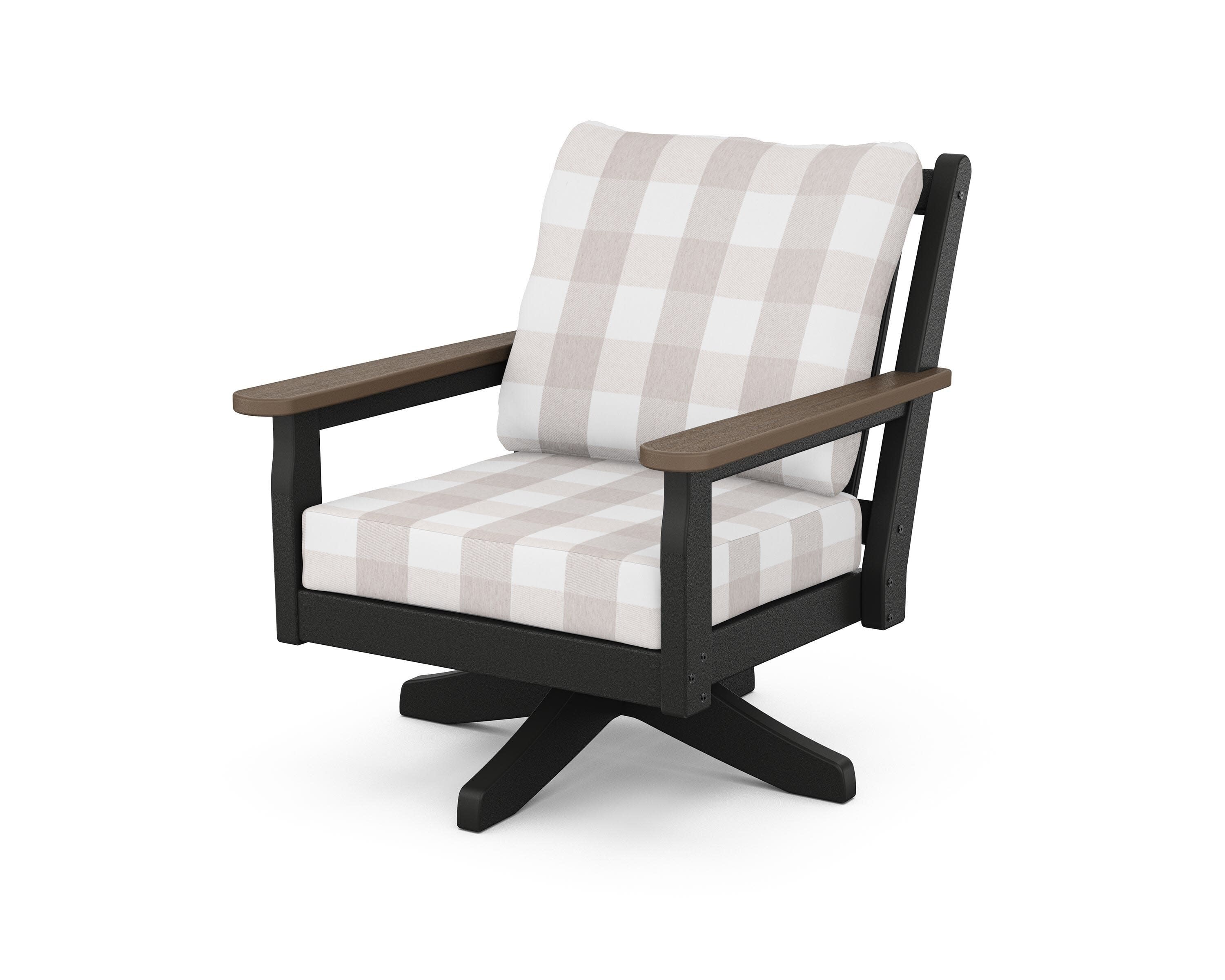 Chippendale Deep Seating Swivel Chair in Black / Kona / Buffalo Plaid Dune Burlap