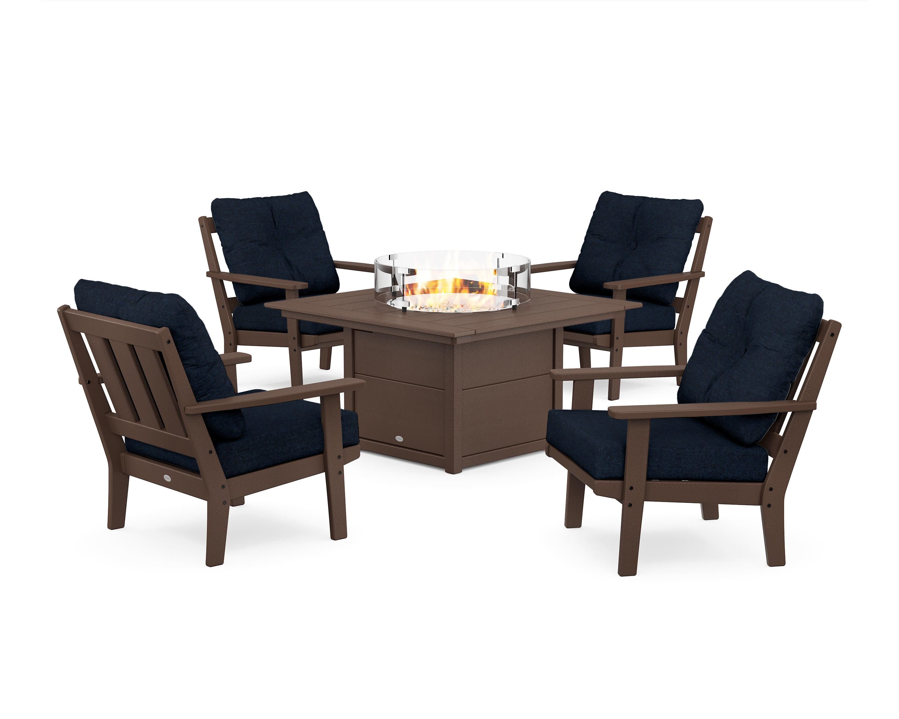 Oxford 5-Piece Deep Seating Set with Fire Pit Table in Mahogany / Marine Indigo