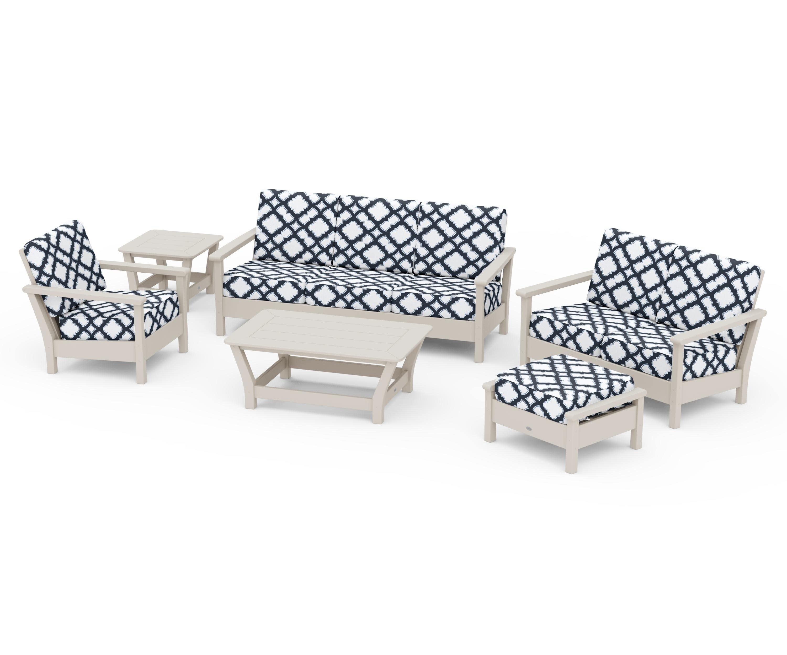 Harbour 6-Piece Outdoor Living Set in Sand / Trellis Marine Indigo