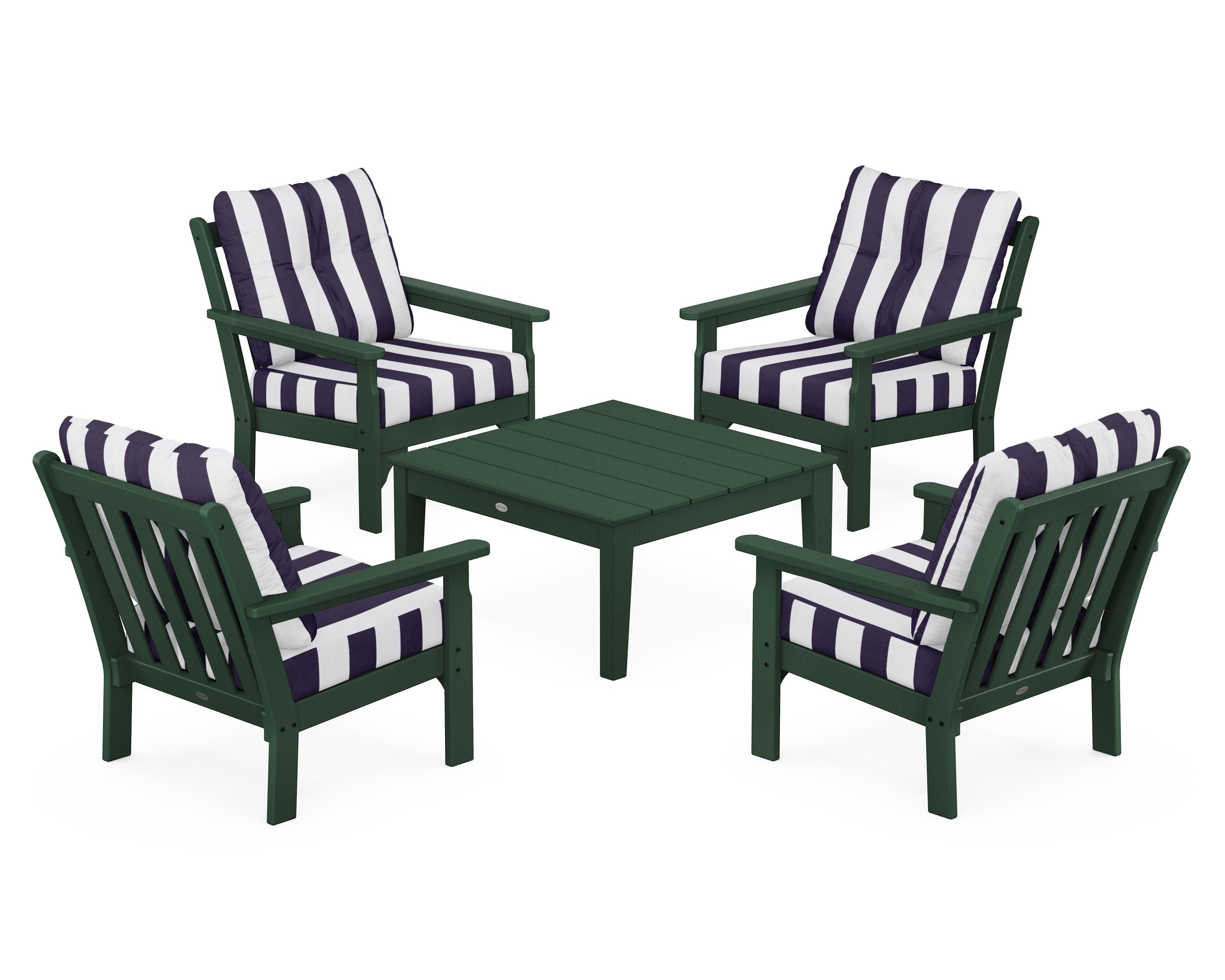 Vineyard 5-Piece Deep Seating Conversation Set in Green / Cabana Stripe Navy