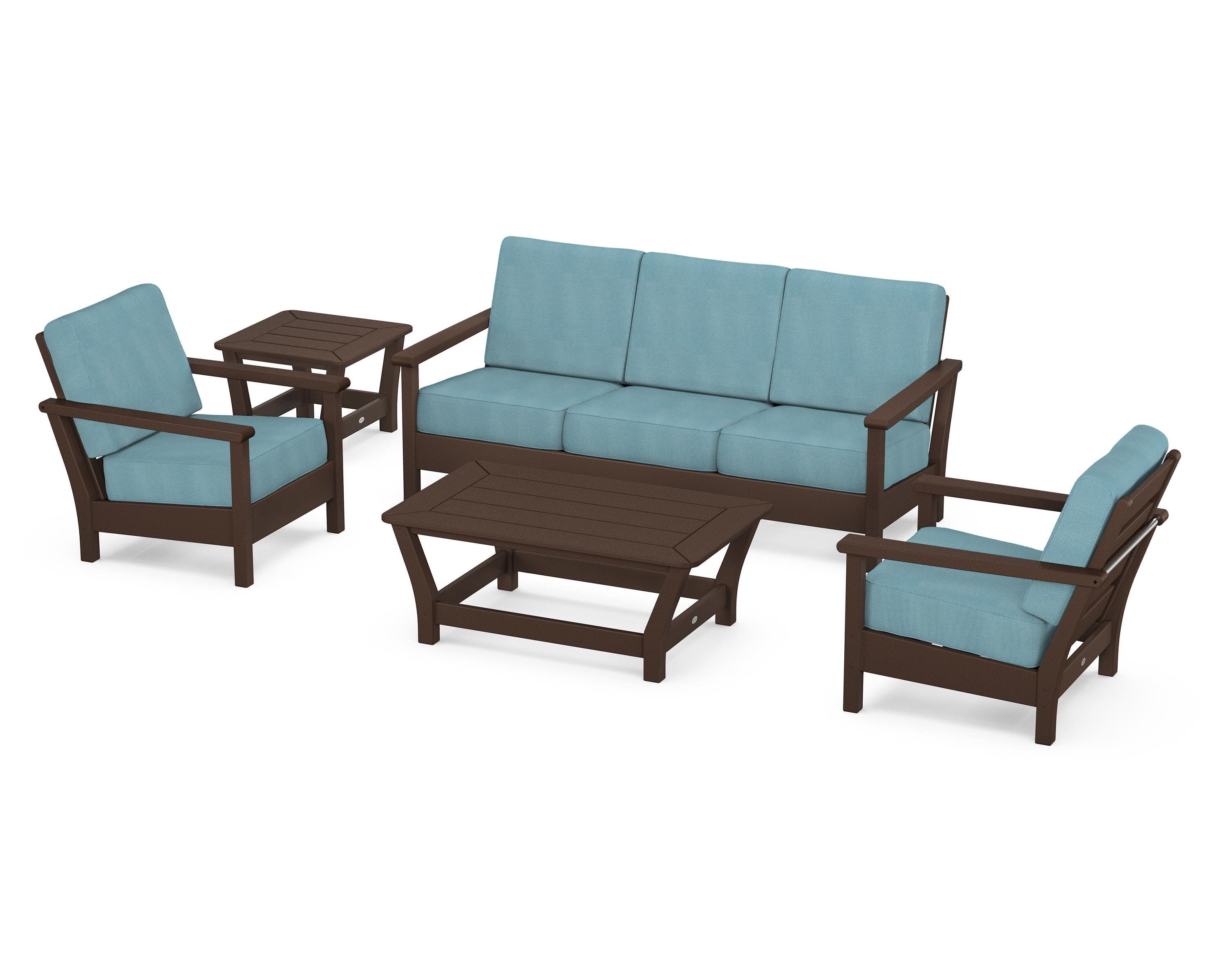 Harbour 5-Piece Deep Seating Set in Mahogany / Lattice Sky Blue
