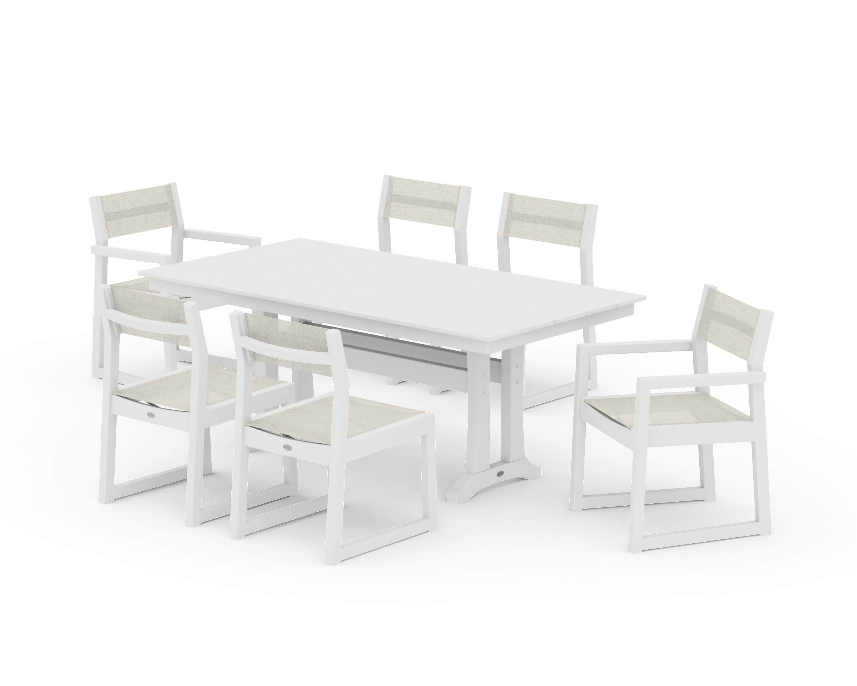 EDGE Sling 7-Piece Farmhouse Trestle Dining Set in White / Parchment Sling