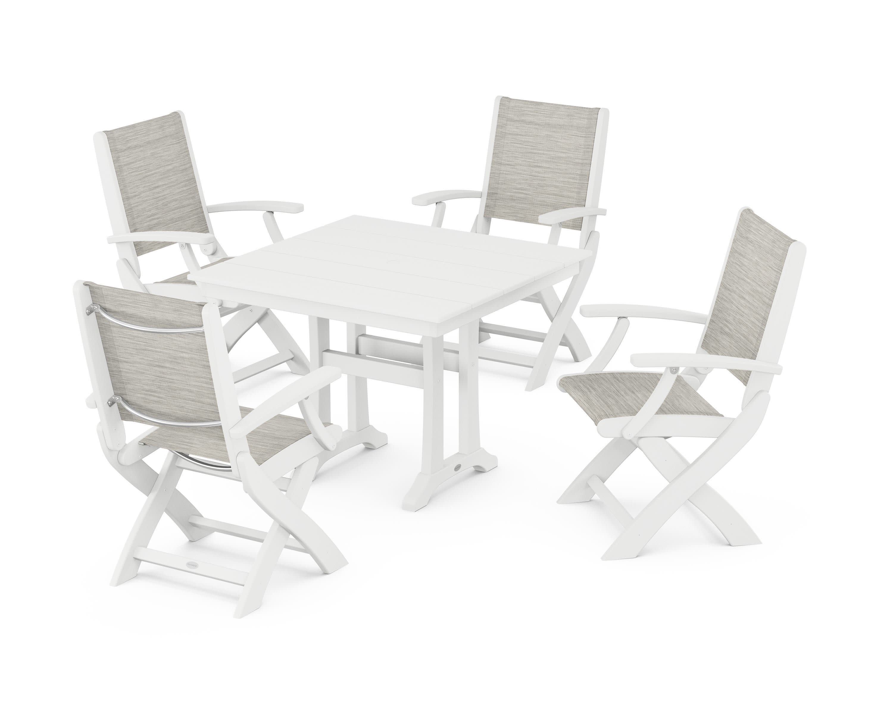 Coastal Folding Chair 5-Piece Farmhouse Dining Set With Trestle Legs in White / Birch Sling