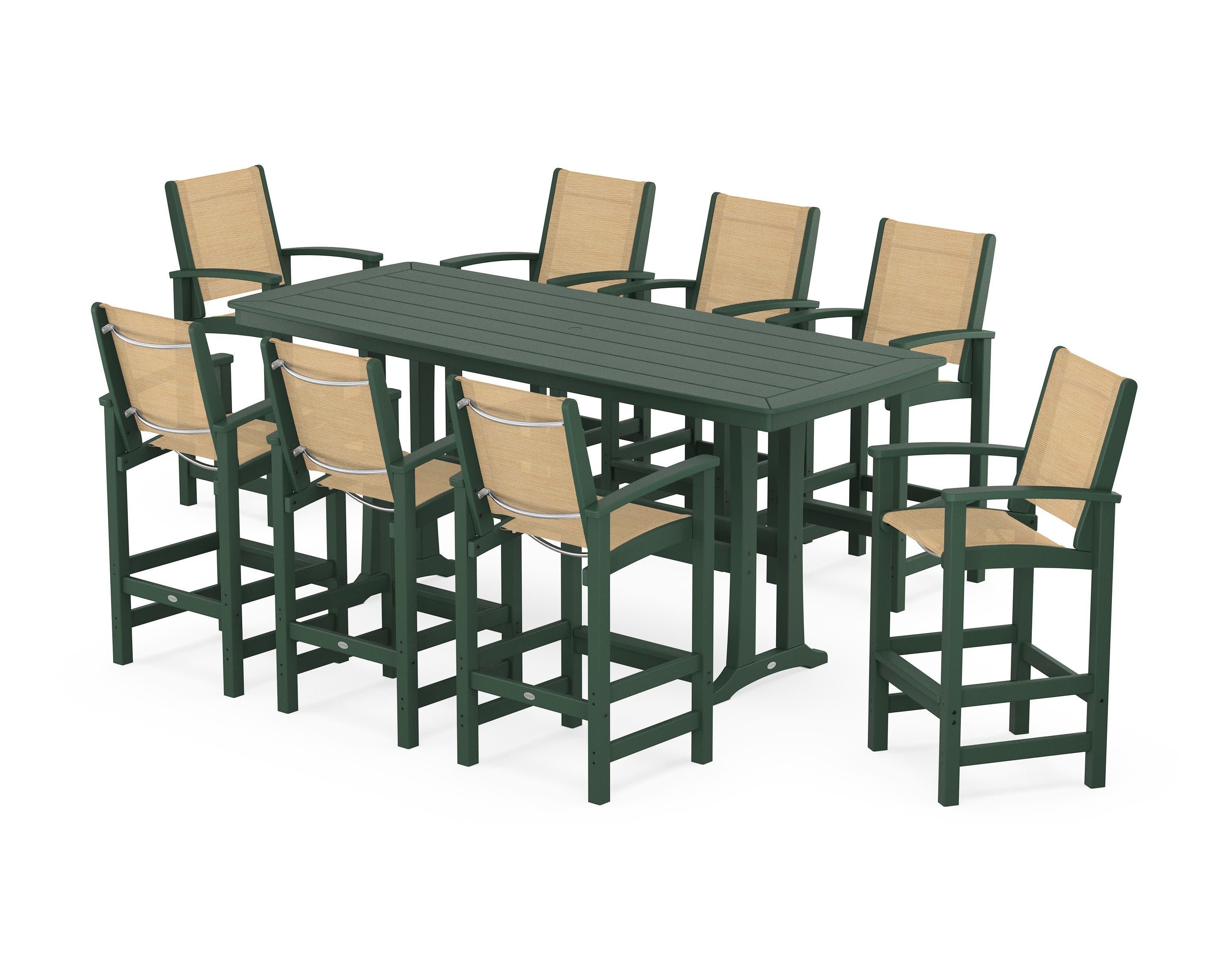 Coastal 9-Piece Bar Set with Trestle Legs in Green / Dupioni Apricot Sling
